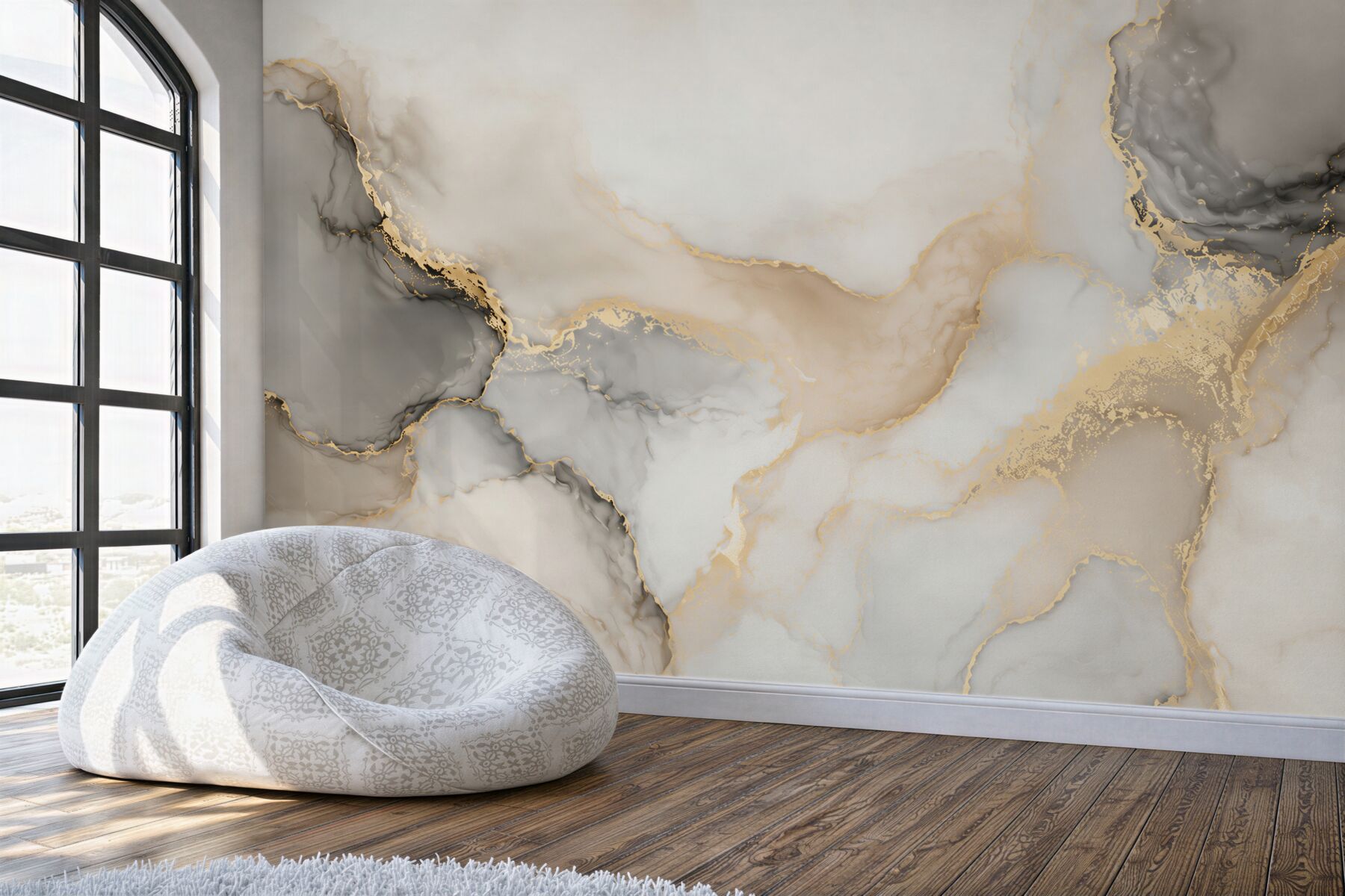 Papier peint marbre clair gris et beige avec des veines dorées élégant