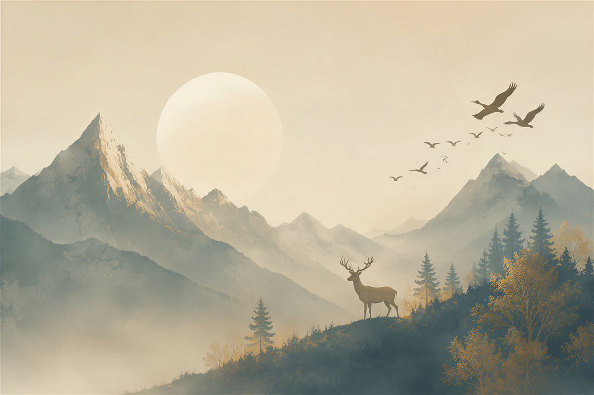 Papier peint montagnes dans le brouillard avec un cerf et des oiseaux dans des beiges chauds