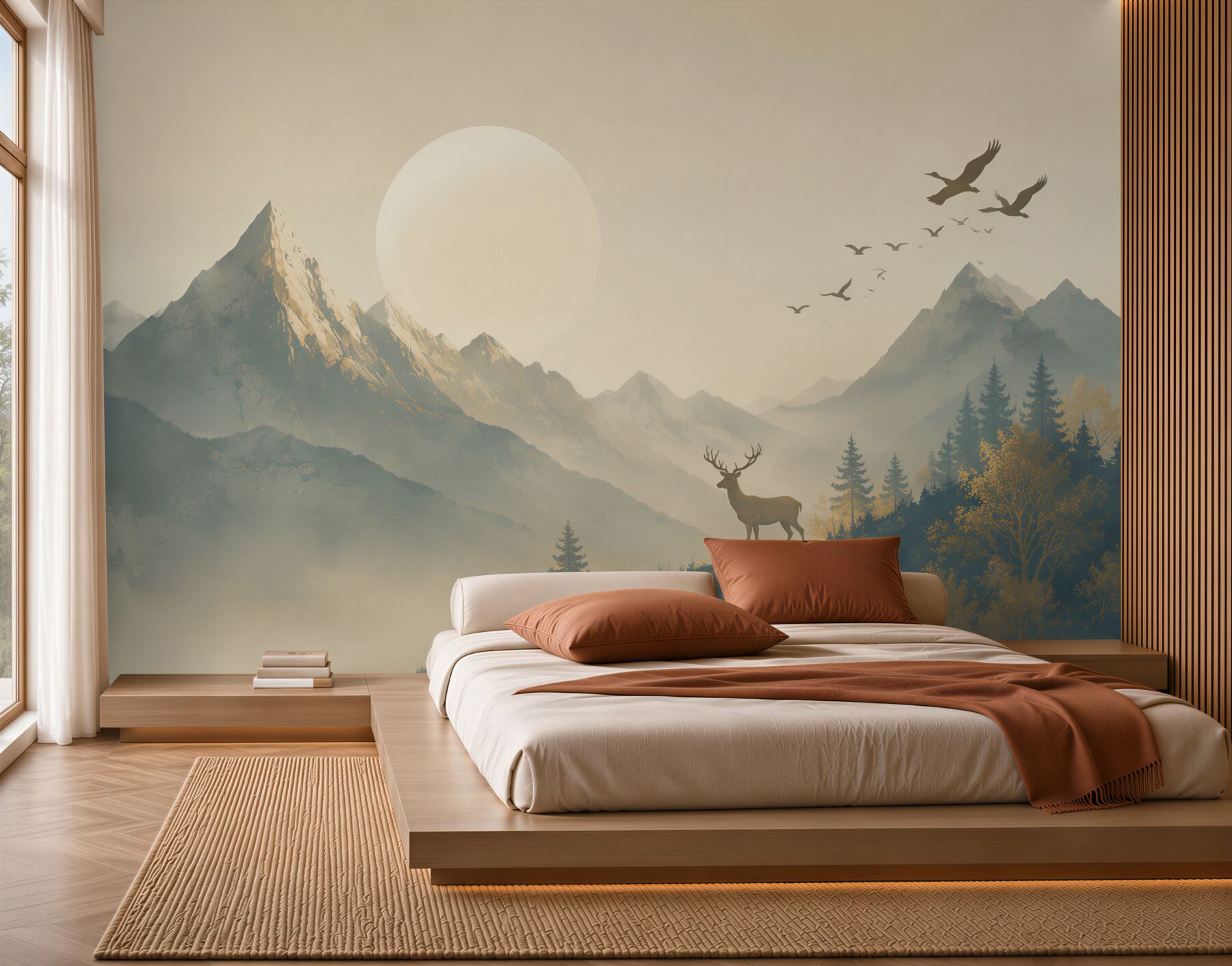 Papier peint montagnes dans le brouillard avec un cerf et des oiseaux dans des beiges chauds