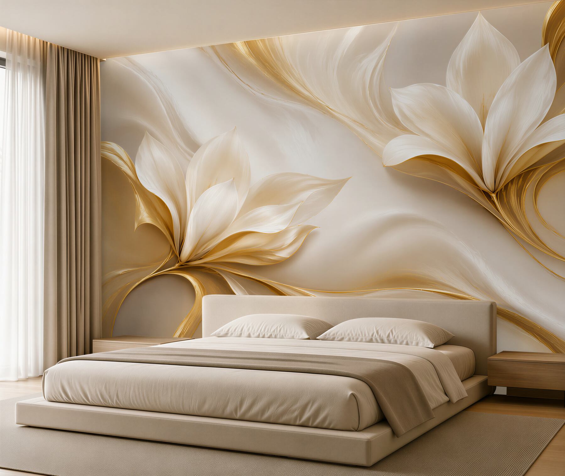 Papier peint fleurs dorées de magnolia 3D sur fond crème élégant