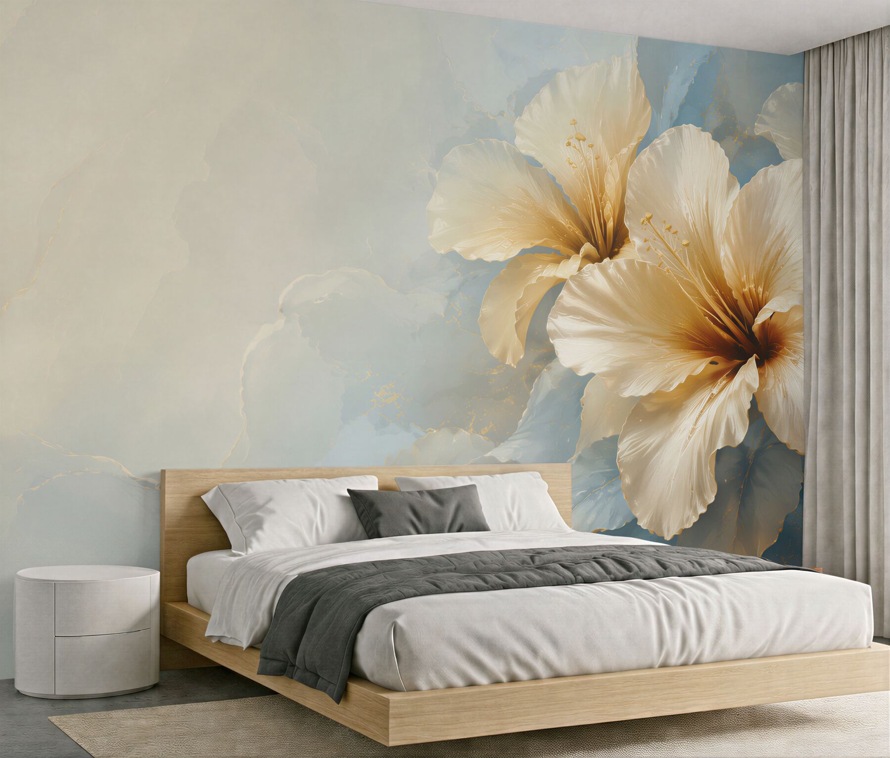 Papier peint fleurs crémeuses d'hibiscus sur fond bleu élégant