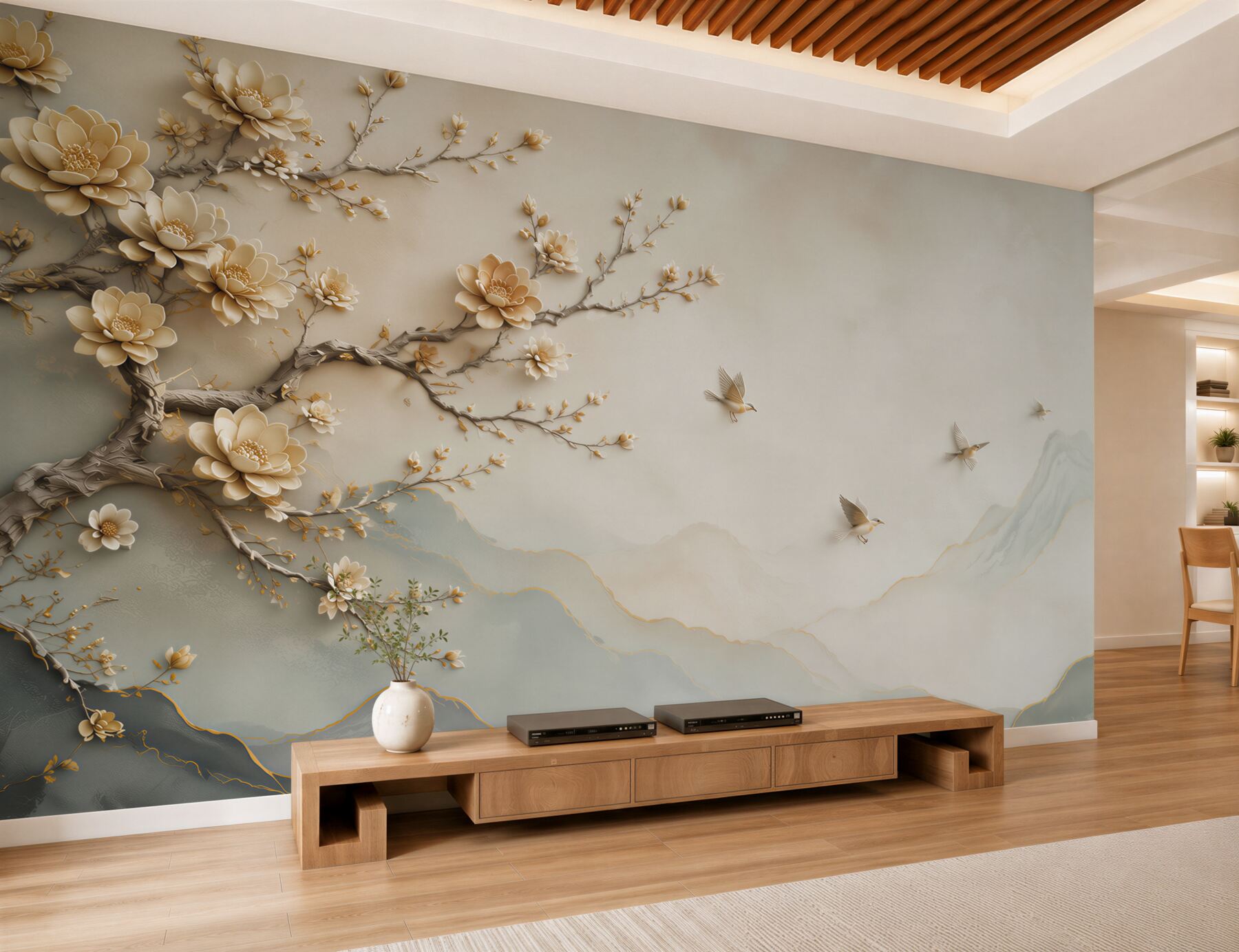 Papier peint magnolia en fleurs avec des oiseaux et des montagnes brumeuses en tons beiges