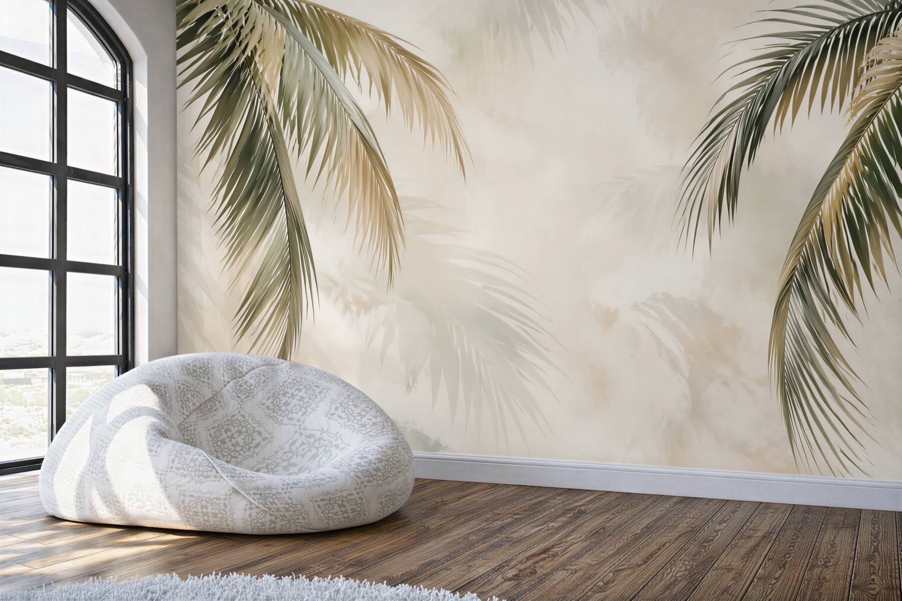 Papier peint feuilles de palmier beige et vert décoration tropicale subtile