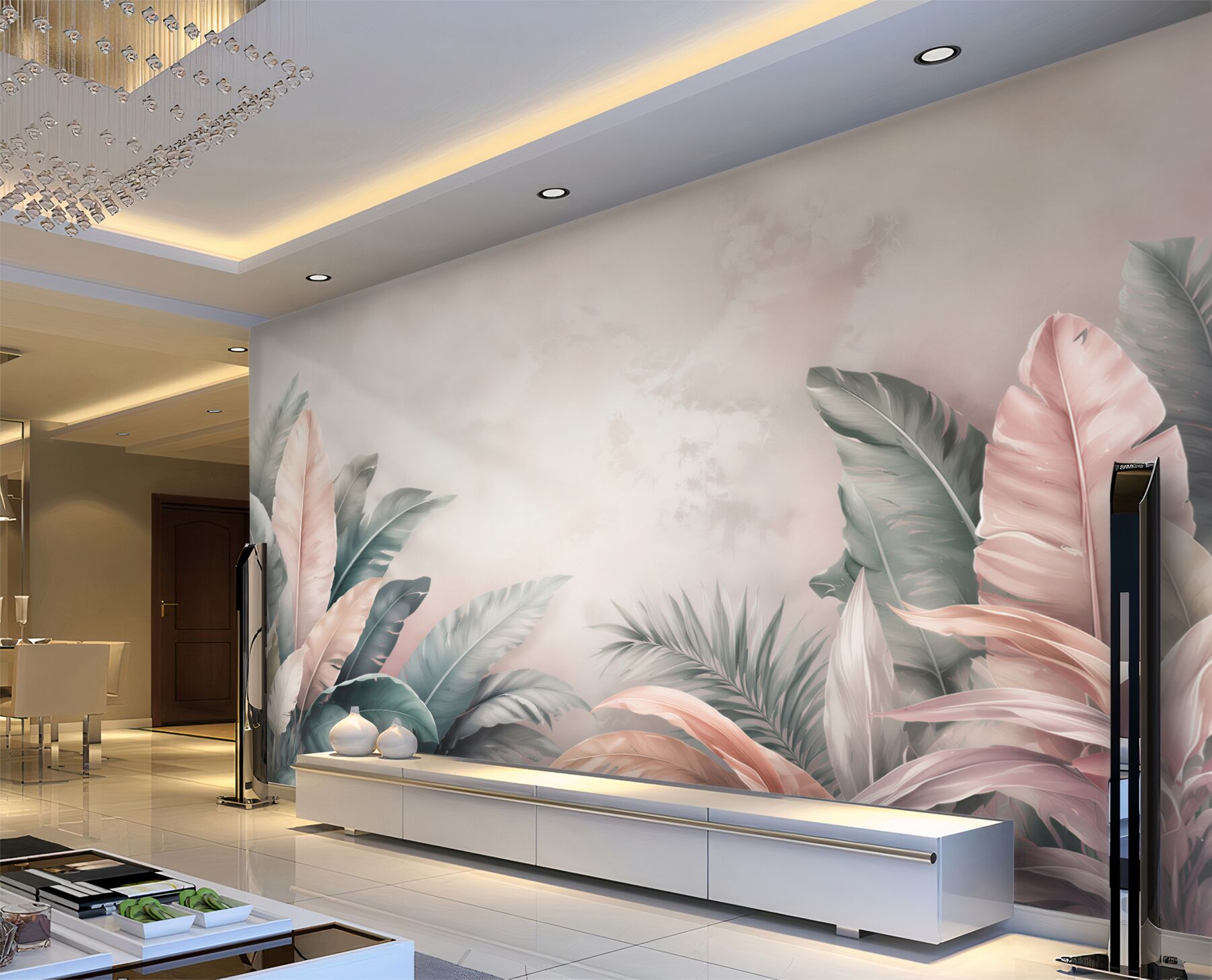 Papier peint feuilles tropicales pastel roses et vertes pour un intérieur élégant