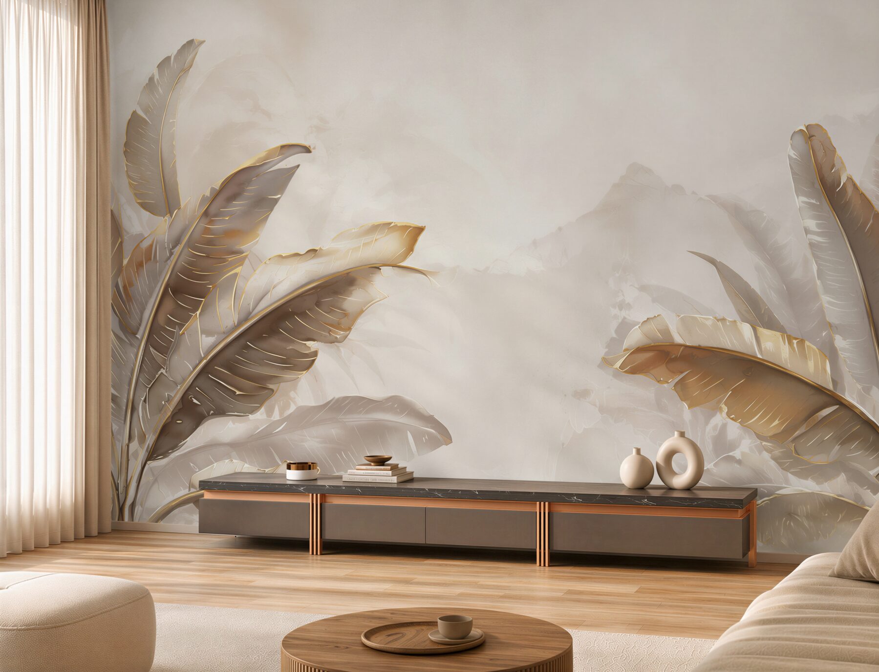 Papier peint feuilles dorées de bananier sur fond clair décoration tropicale élégante