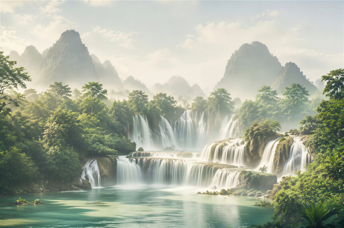 Papier peint cascades en cascade dans la jungle tropicale et montagnes brumeuses