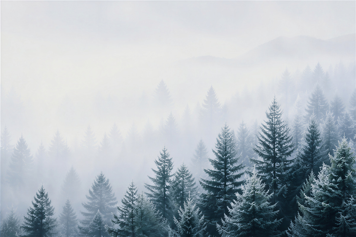 Papier peint forêt d'épicéas d'hiver dans la brume aux bleus froids