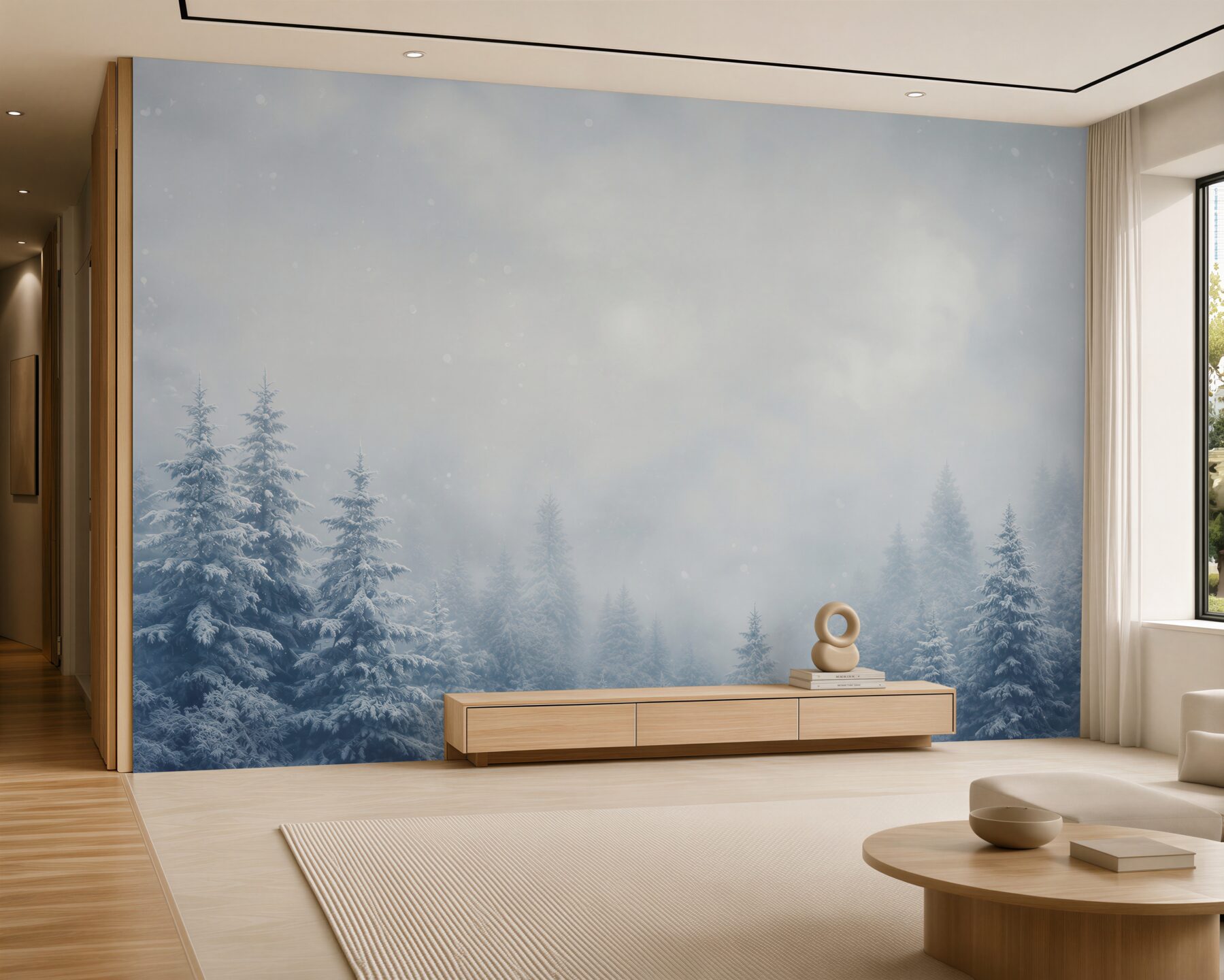 Papier peint forêt de conifères enneigée dans le brouillard paysage hivernal paisible