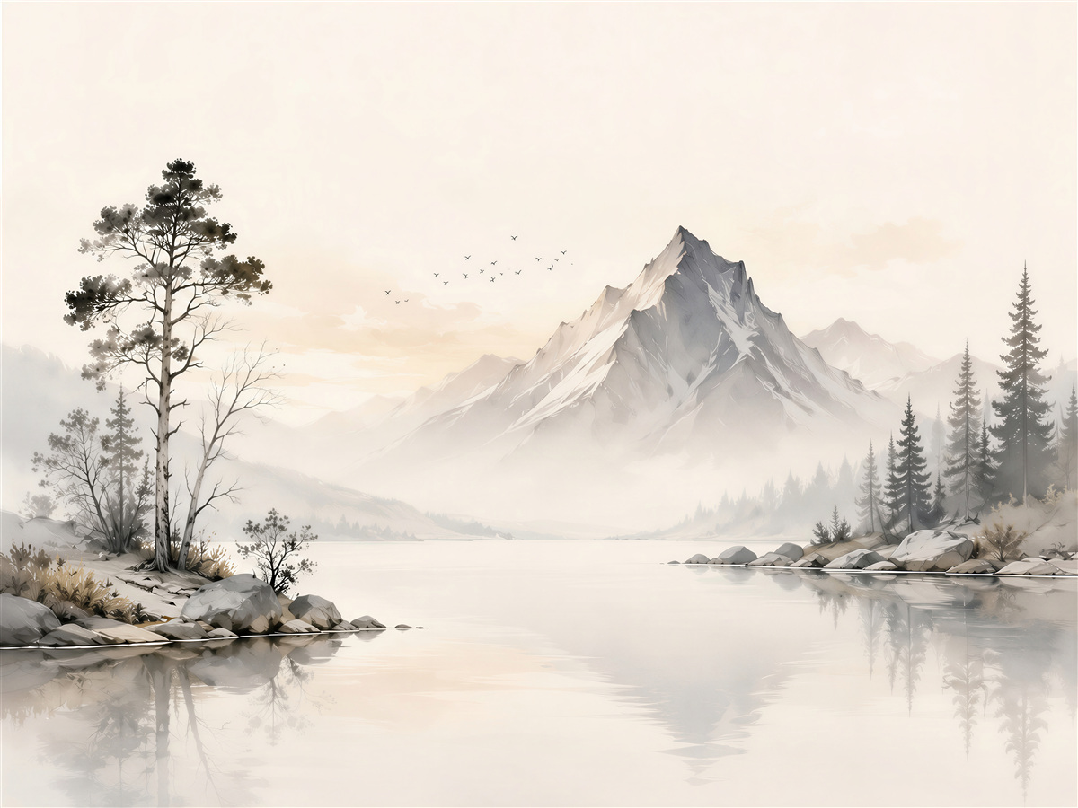 Papier peint paysage de montagne au bord du lac dans le brouillard tons beiges