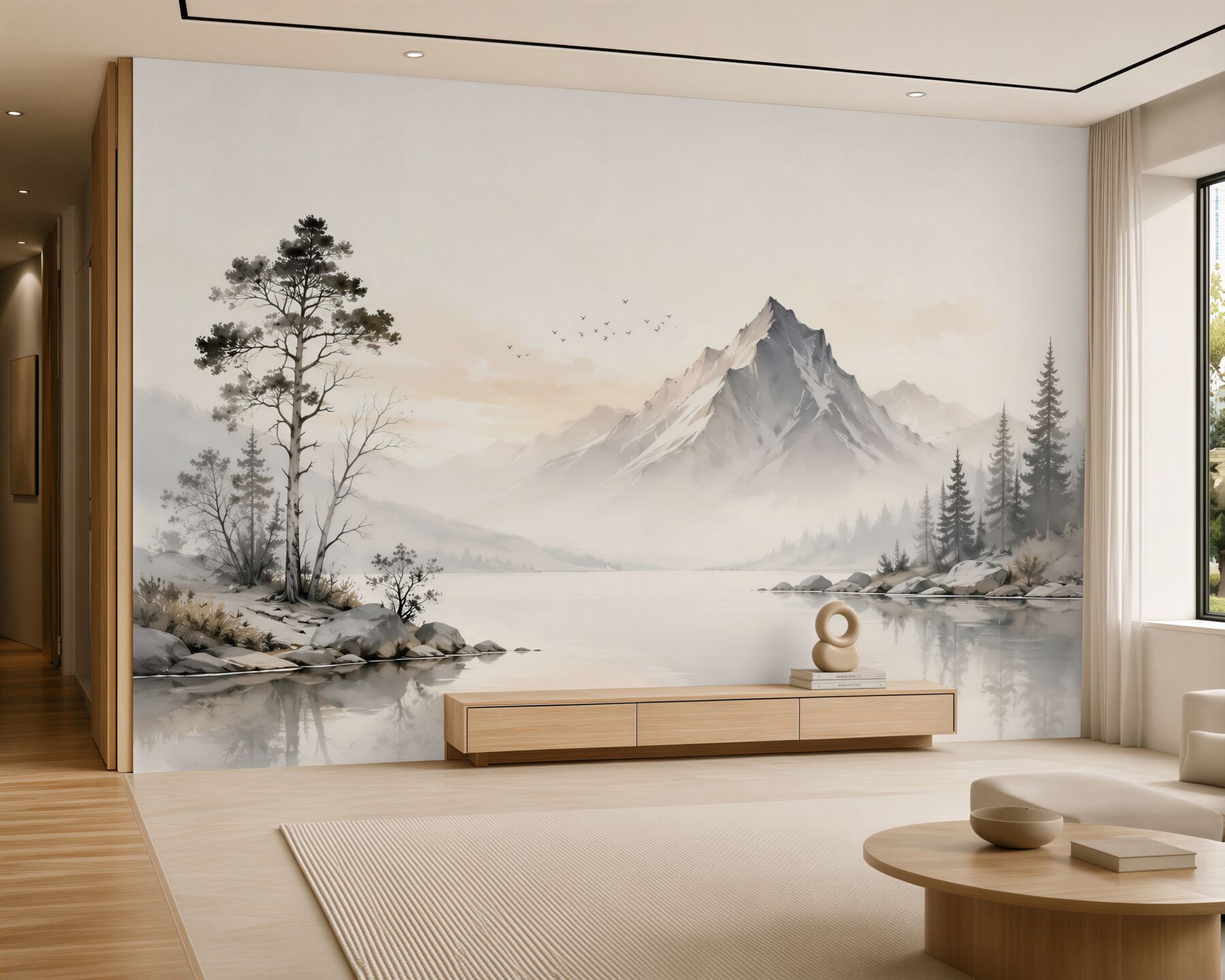 Papier peint paysage de montagne au bord du lac dans le brouillard tons beiges