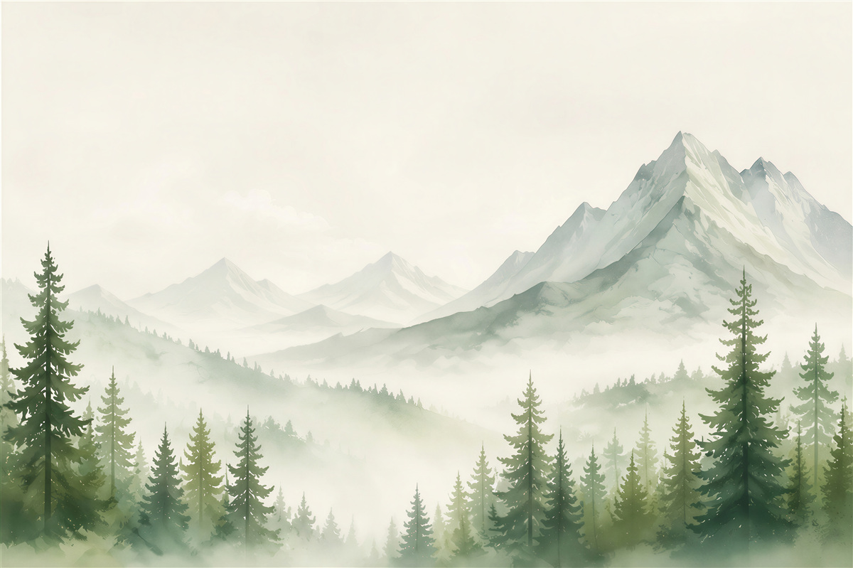 Papier peint montagnes et forêt de pins dans le brouillard en teintes vertes
