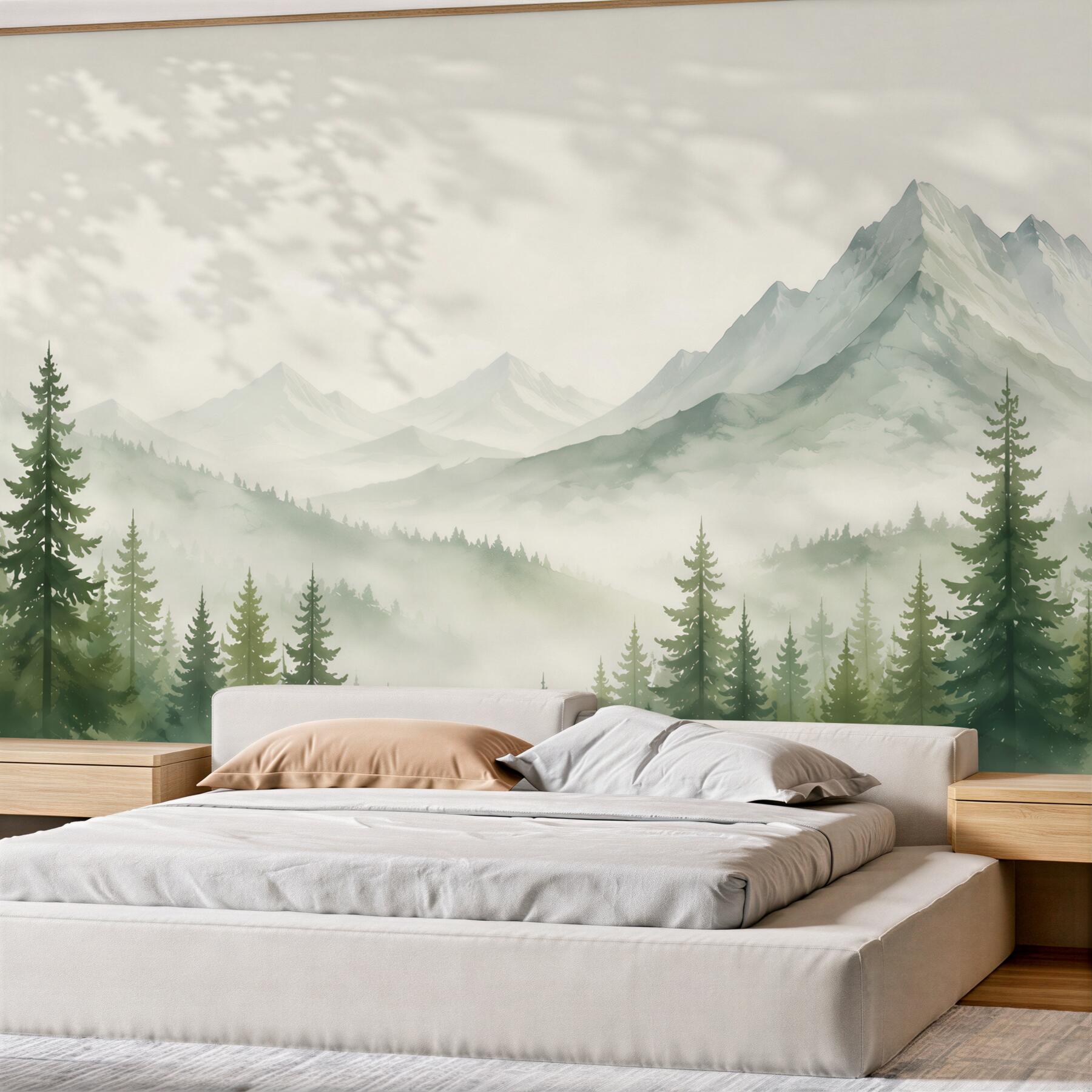 Papier peint montagnes et forêt de pins dans le brouillard en teintes vertes