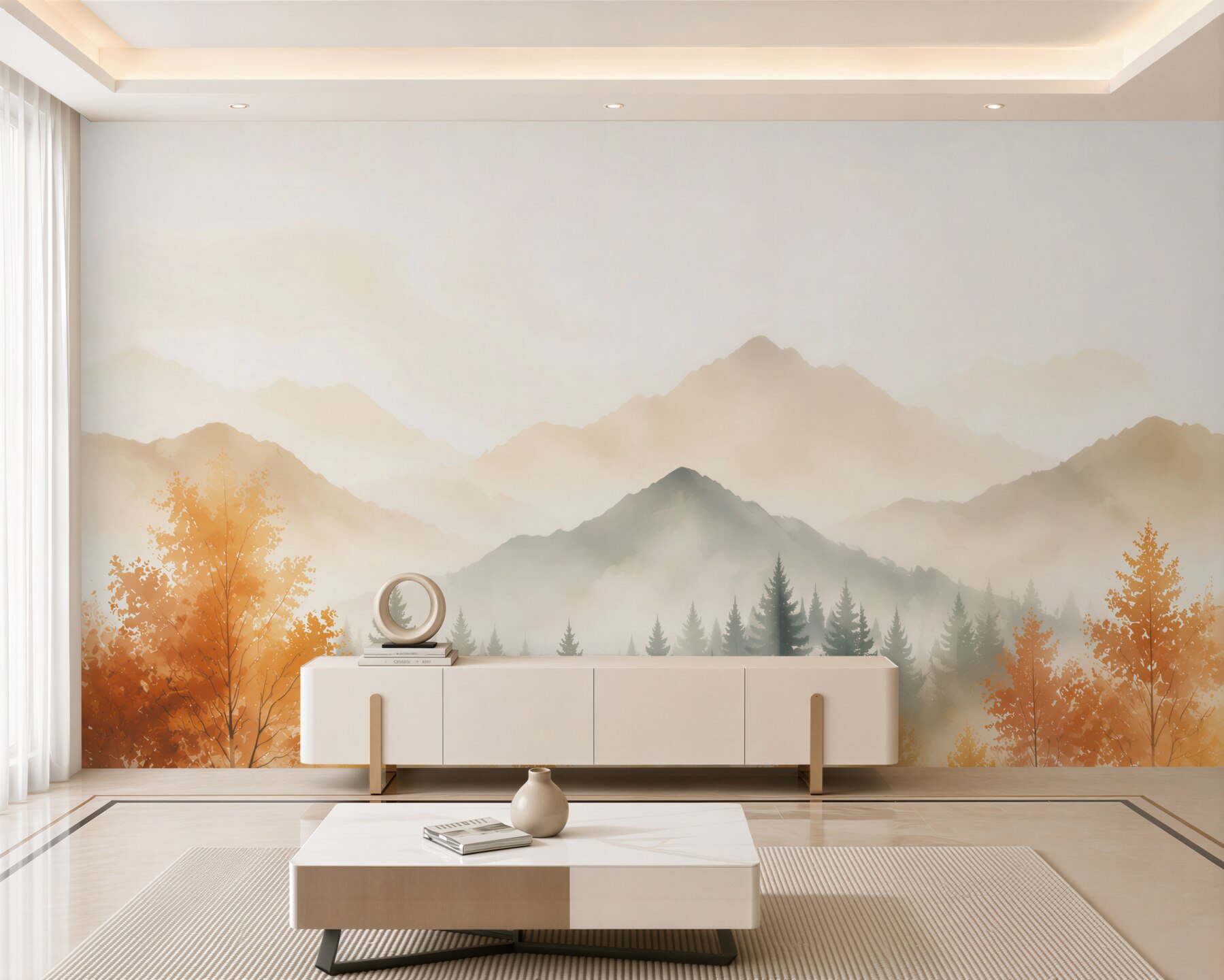 Papier peint forêt d'automne et montagnes dans le brouillard en couleurs dorées