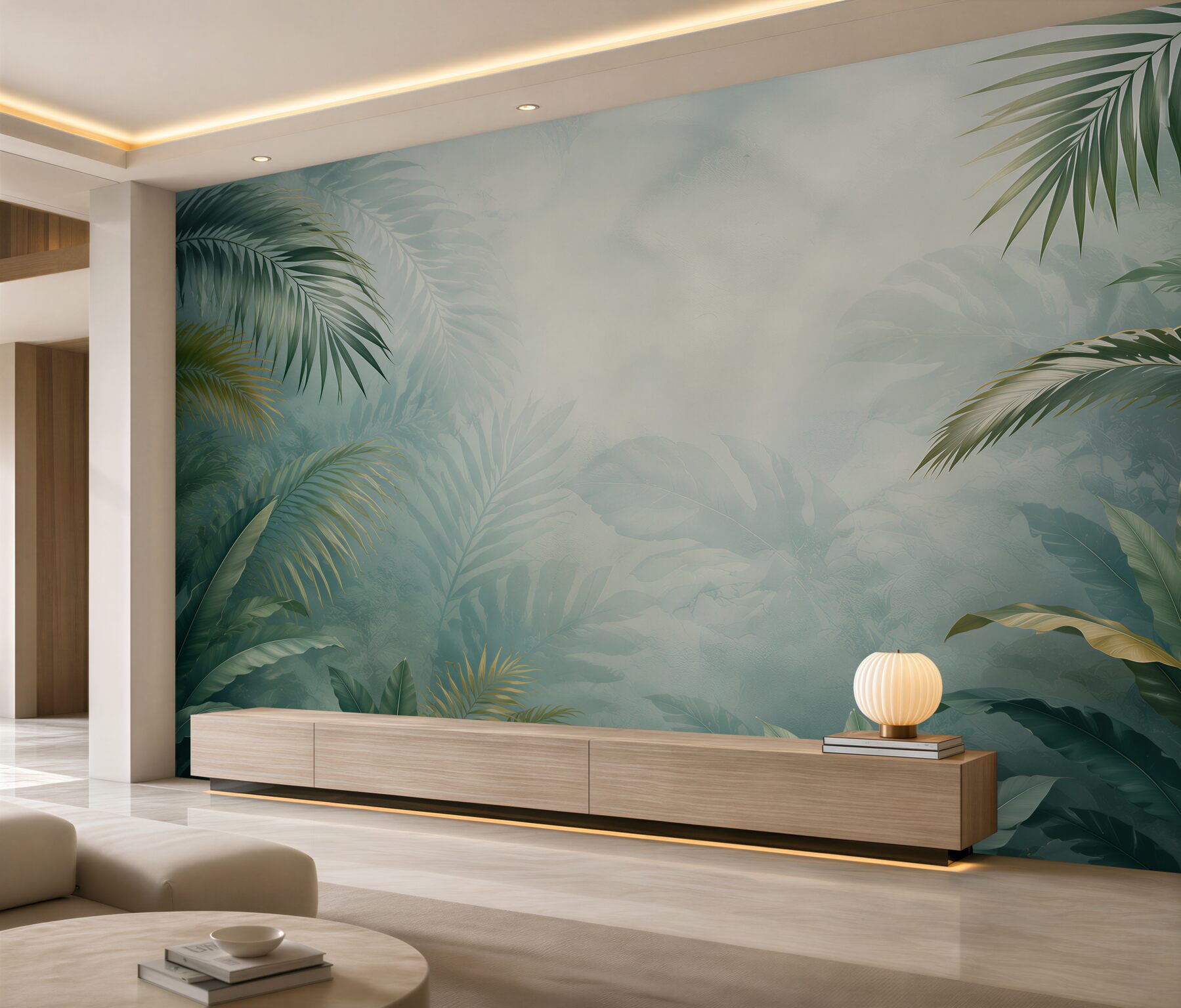Papier peint feuilles tropicales vertes sur fond subtil de jungle