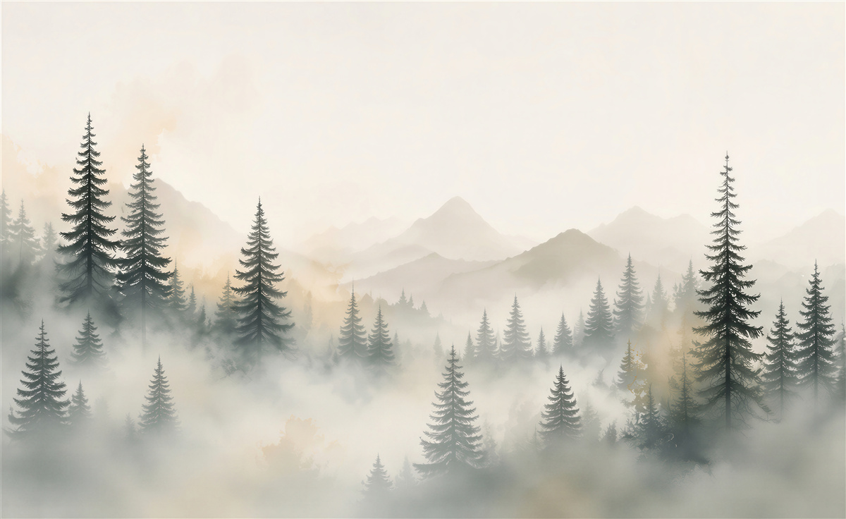 Papier peint forêt de pins dans le brouillard avec montagnes en arrière-plan