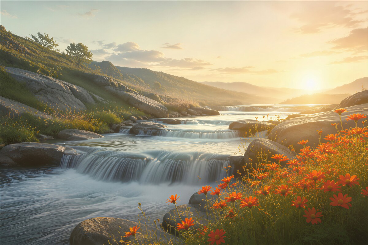 Papier peint cascades de rivière au lever du soleil avec fleurs orange