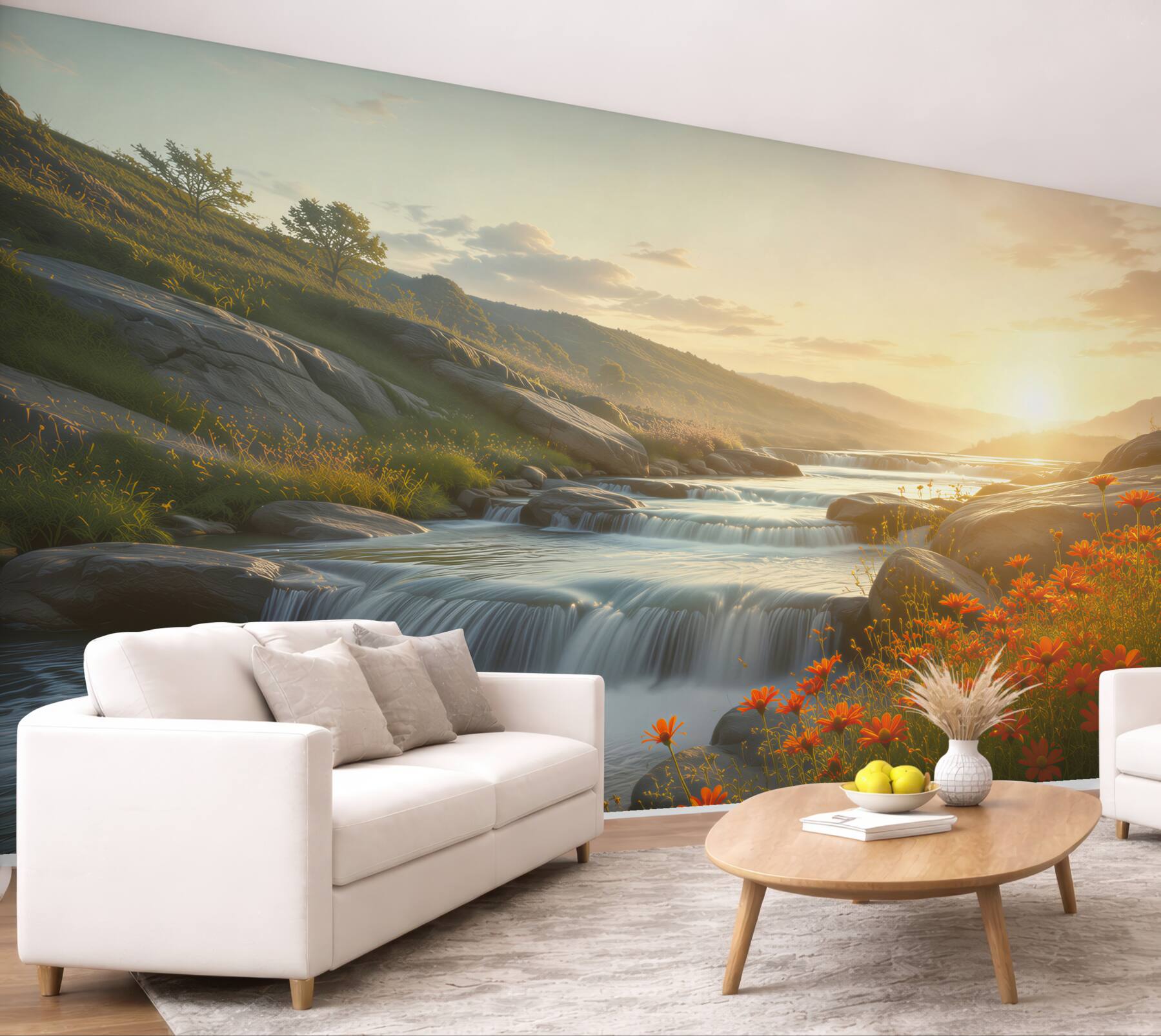 Papier peint cascades de rivière au lever du soleil avec fleurs orange