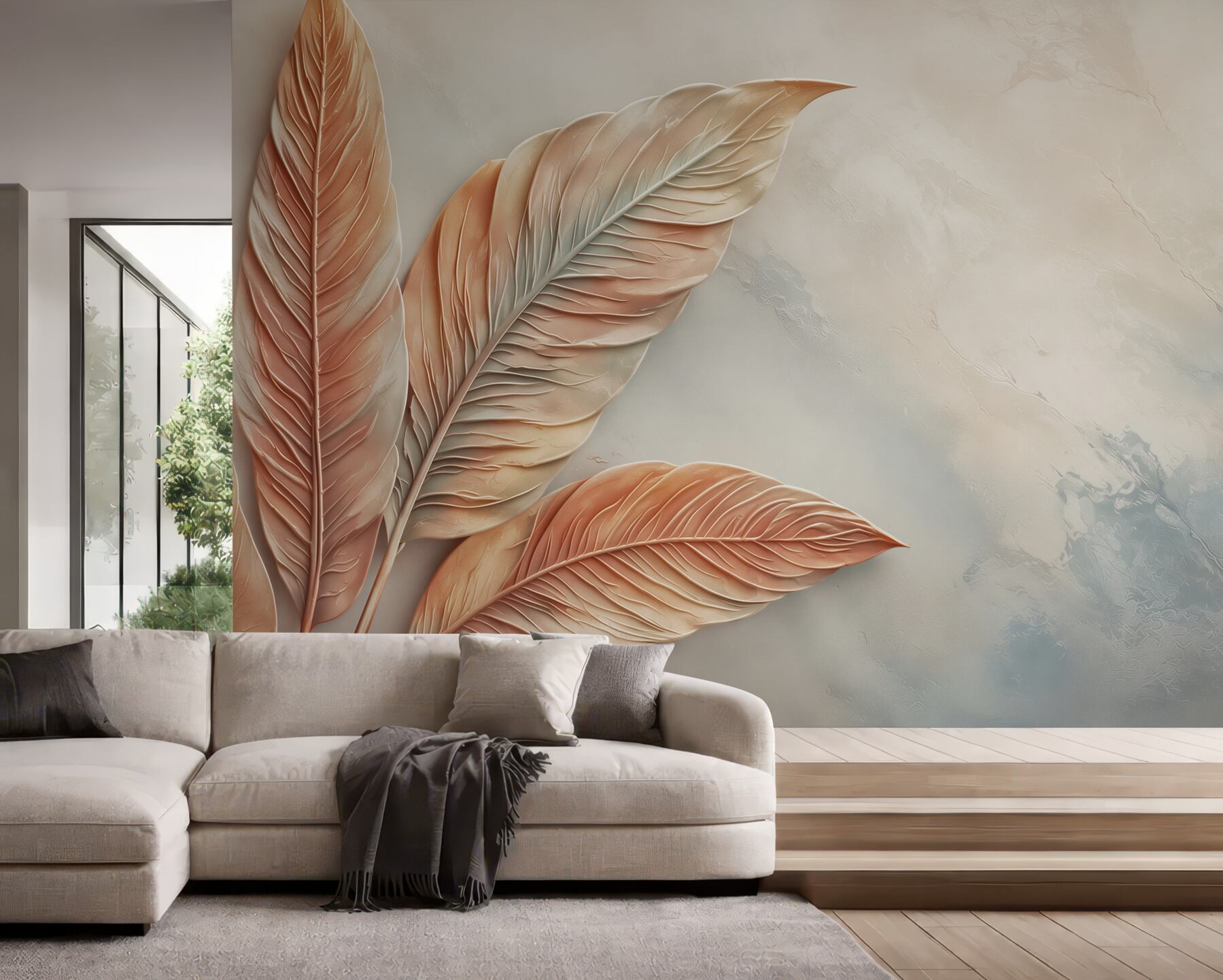 Papier peint feuilles beiges sur fond marbré élégance moderne