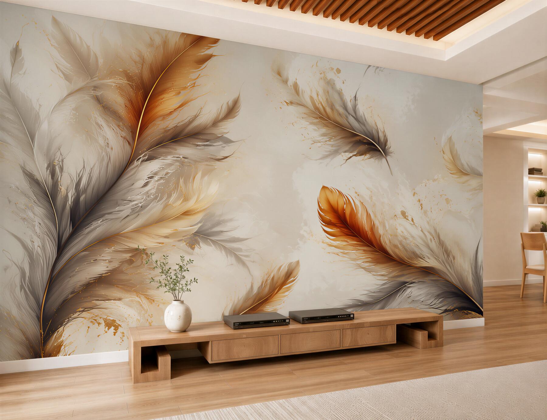 Papier peint plumes abstraites or et beige sur fond clair