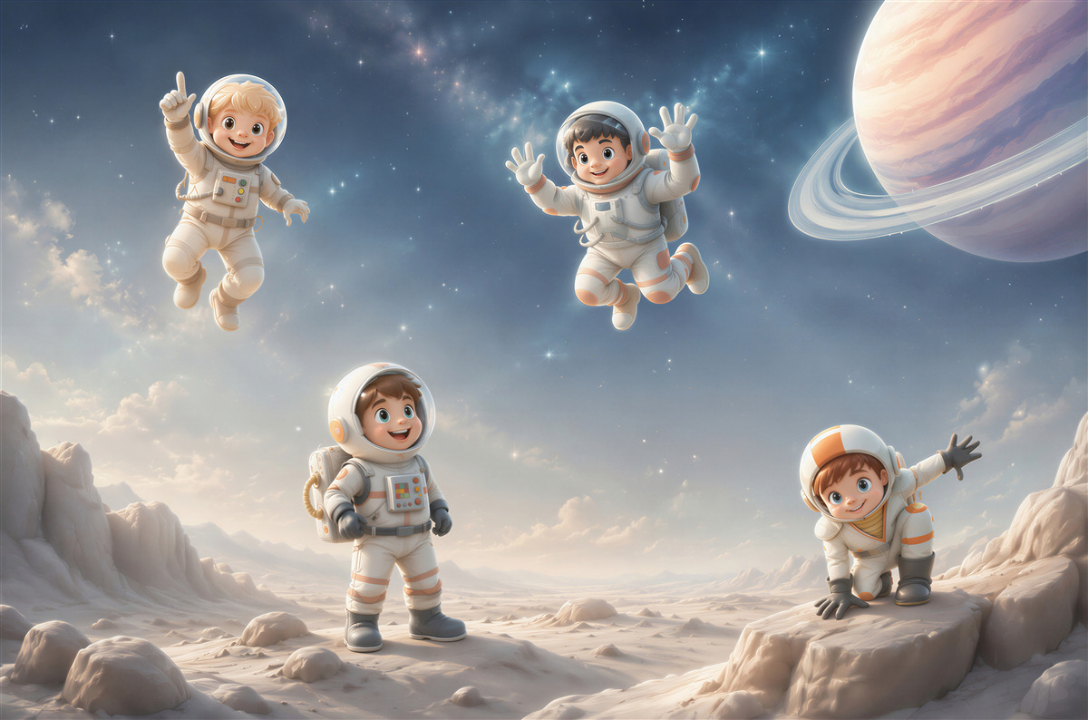 Papier peint Jeunes astronautes étudiant une nouvelle planète