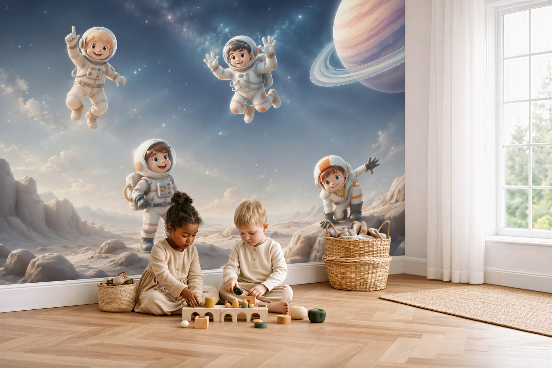 Papier peint Jeunes astronautes étudiant une nouvelle planète