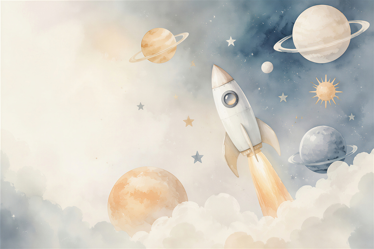 Papier peint Fusée parmi les planètes et étoiles pastel pour enfants