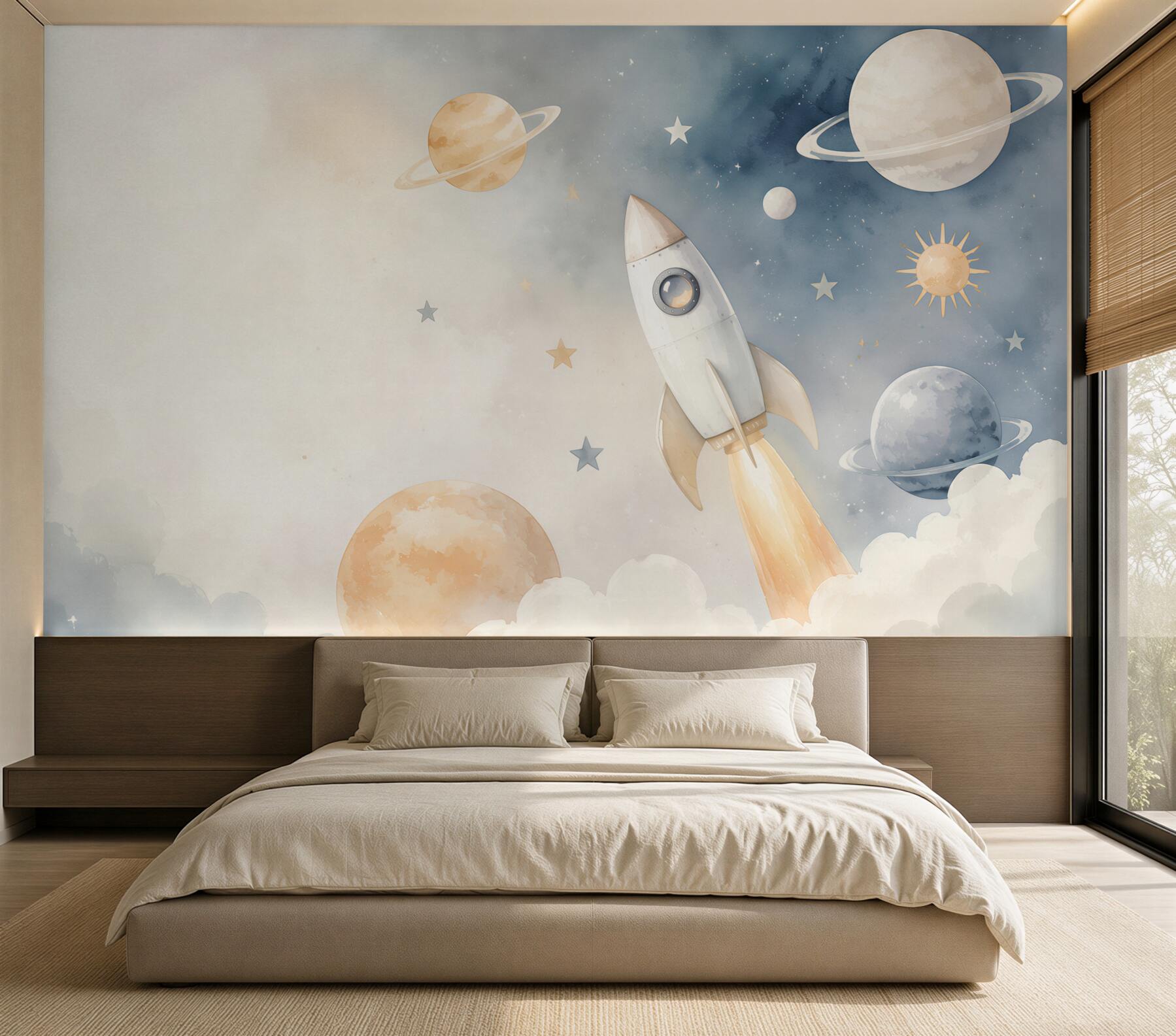 Papier peint Fusée parmi les planètes et étoiles pastel pour enfants