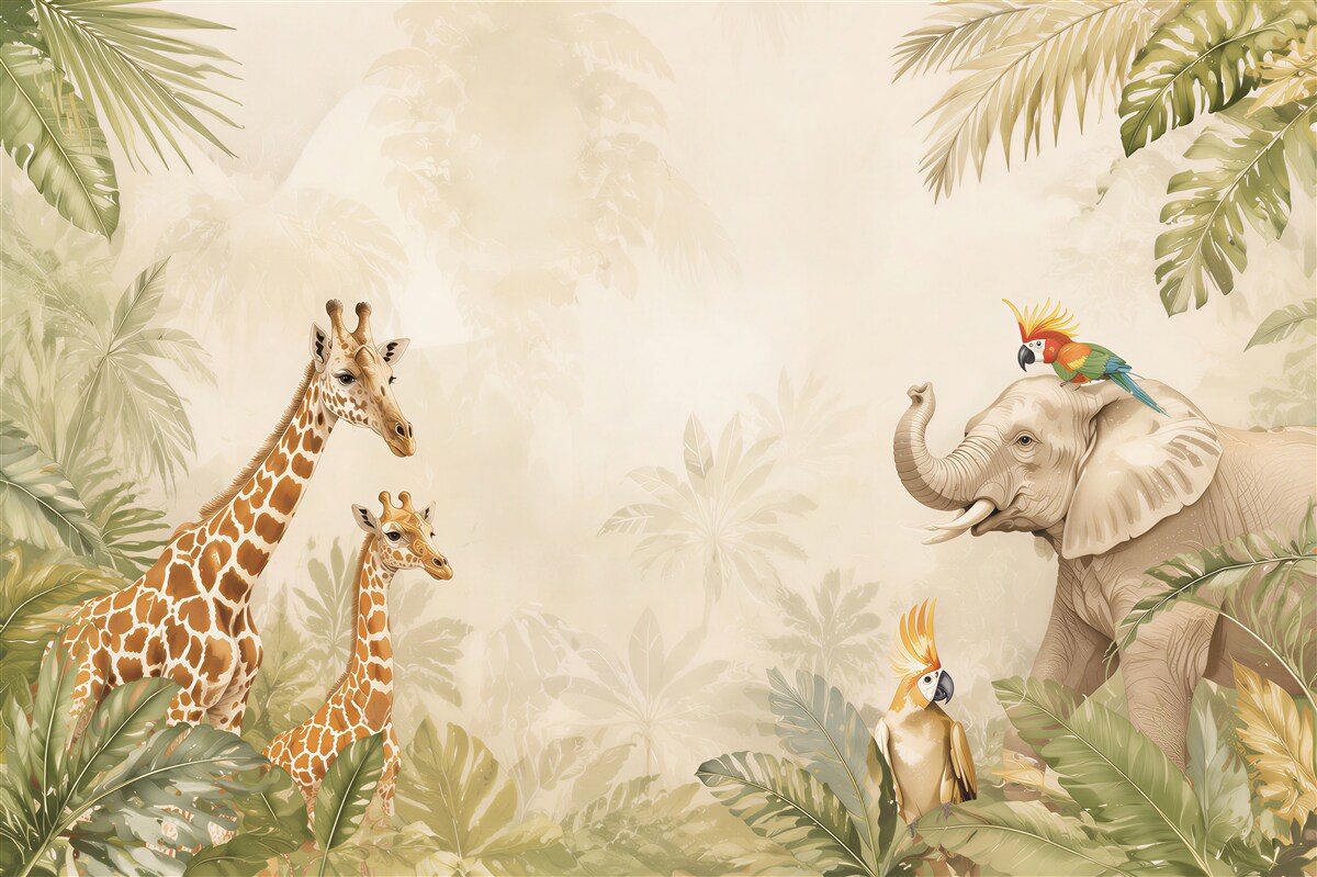 Papier peint Girafes, éléphants et perroquets dans les feuilles de palmier
