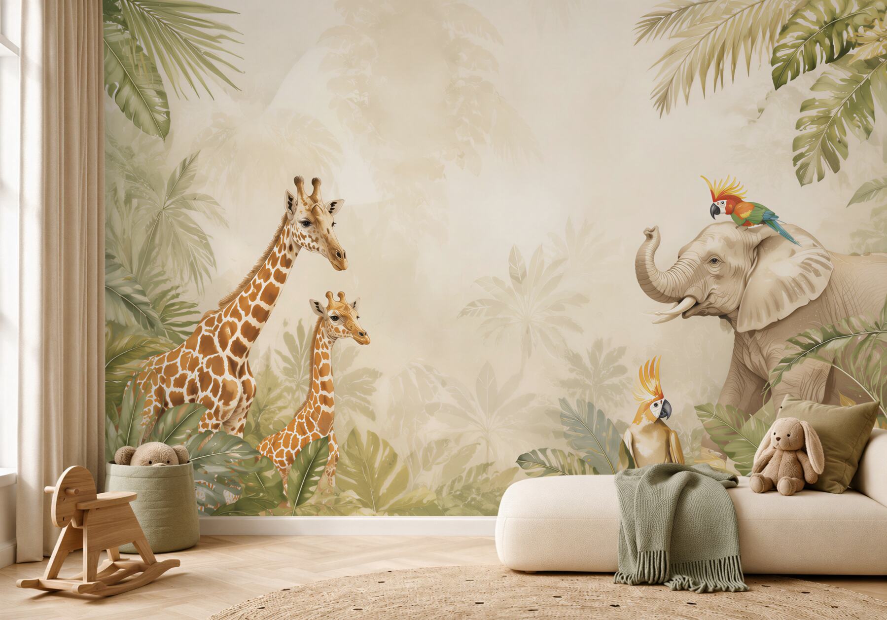 Papier peint Girafes, éléphants et perroquets dans les feuilles de palmier
