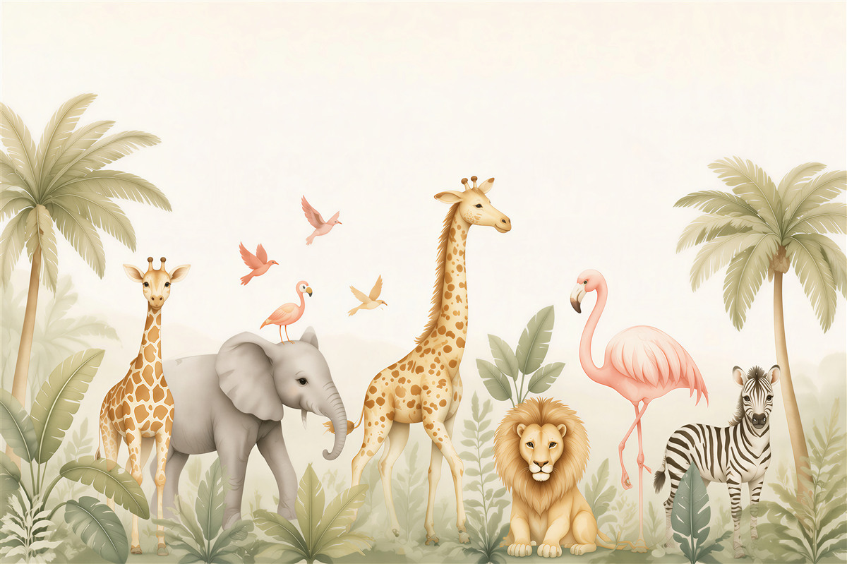 Papier peint Animaux et oiseaux parmi l'herbe verte et les palmiers