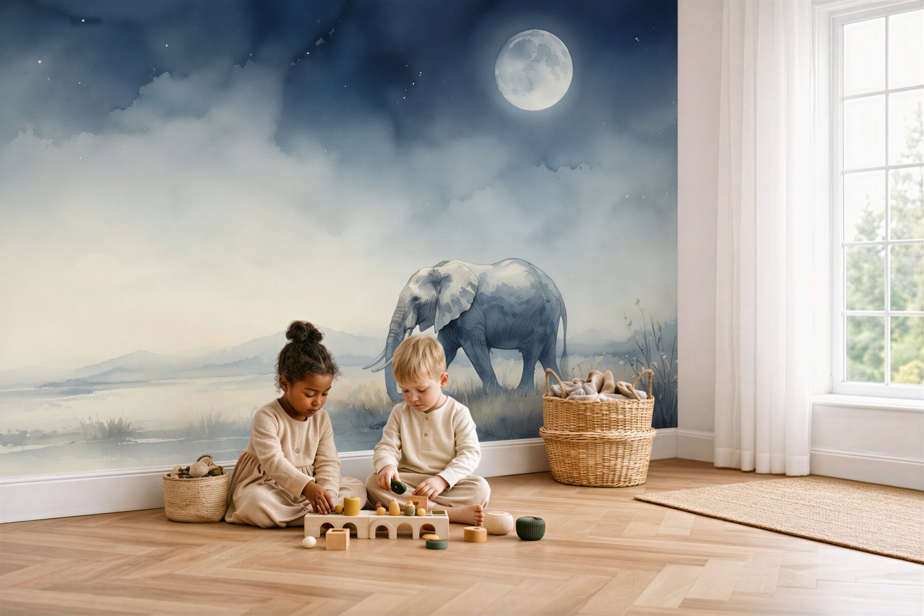 Papier peint Éléphant Nuit Promenade