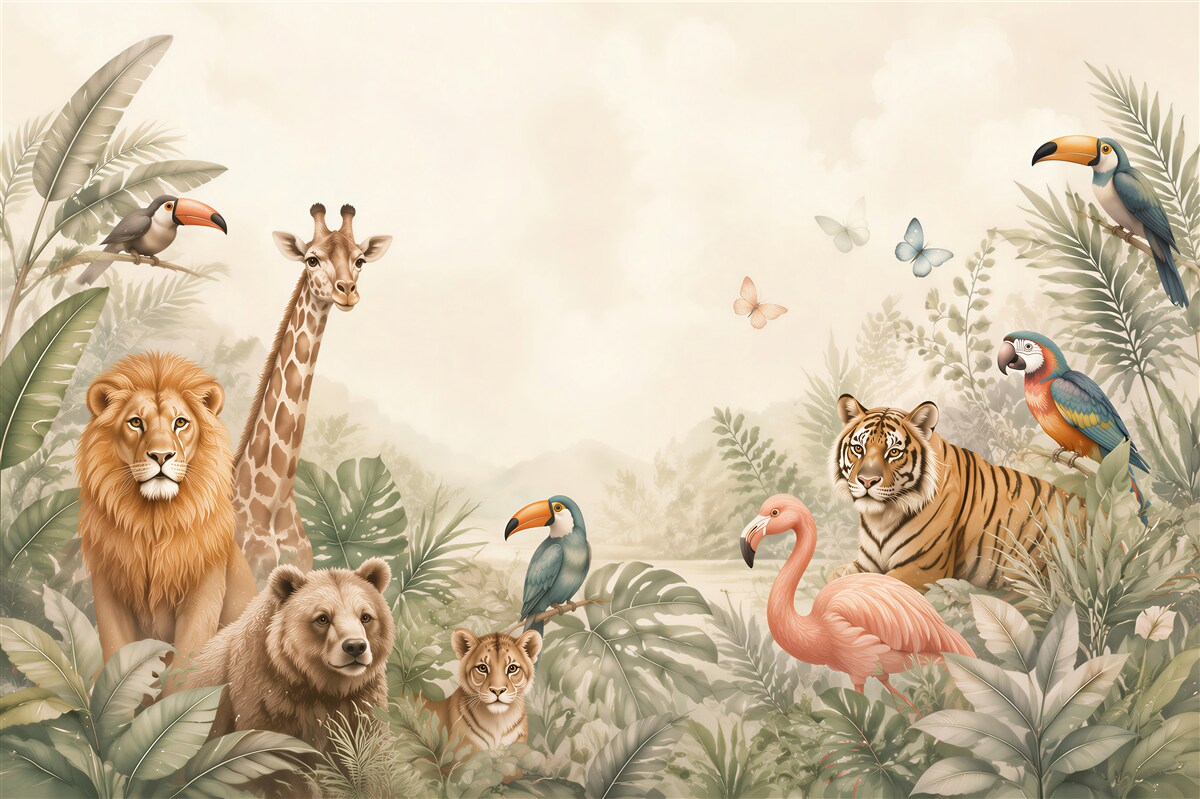 Papier peint Image lumineuse de divers animaux et oiseaux