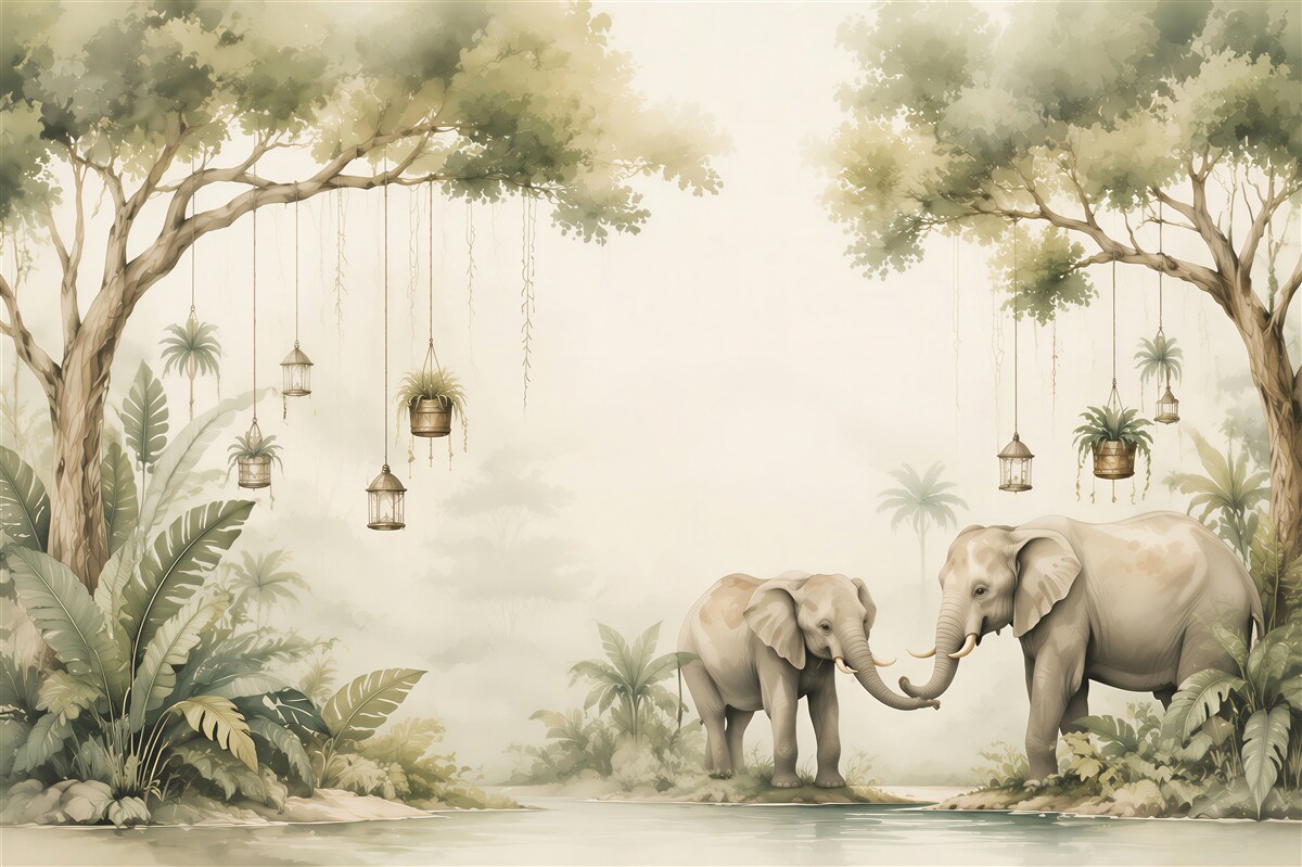 Papier peint Deux éléphants parmi la verdure