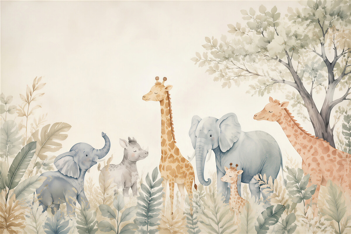 Papier peint Passage d'éléphants et de girafes