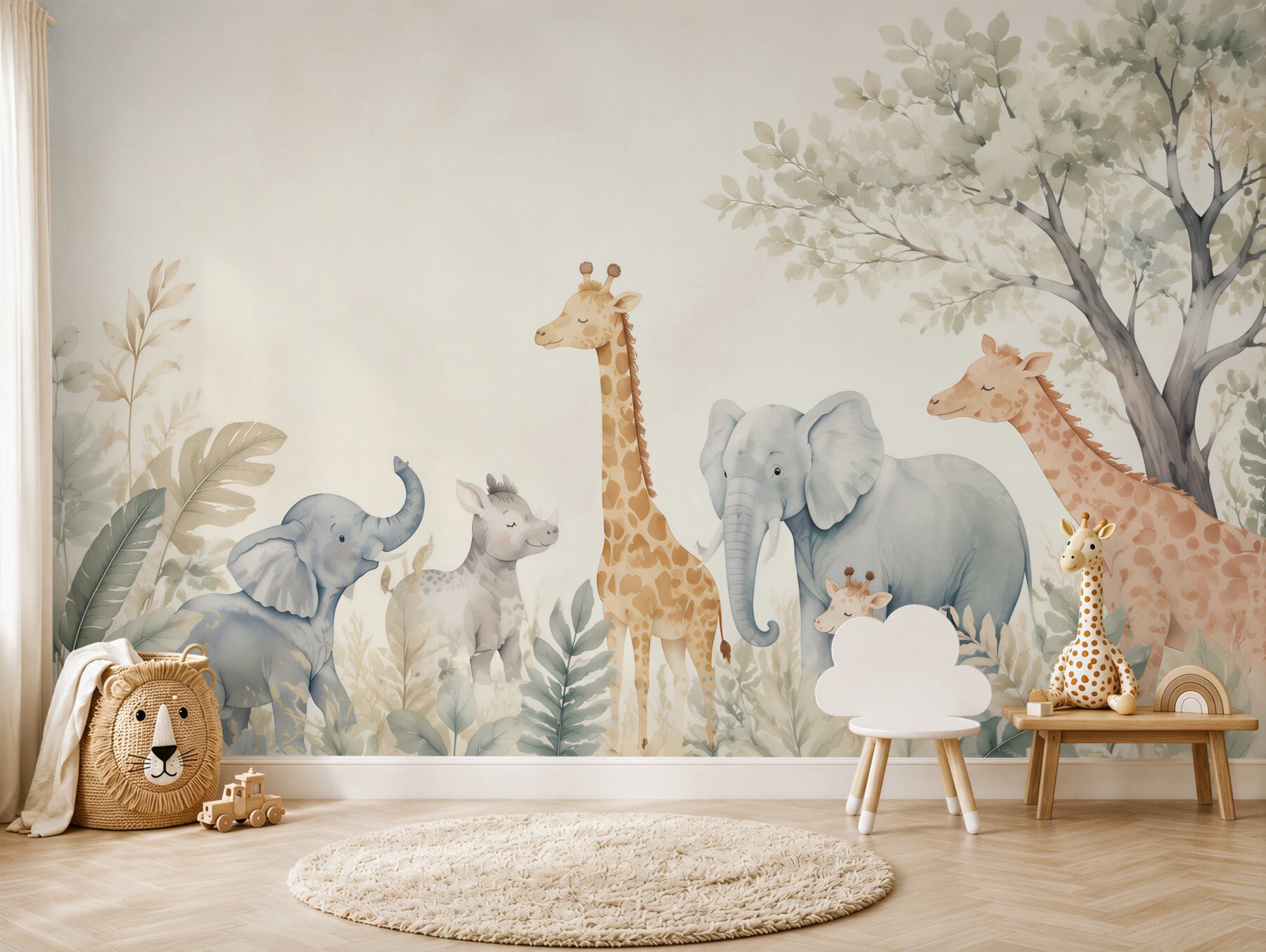 Papier peint Passage d'éléphants et de girafes