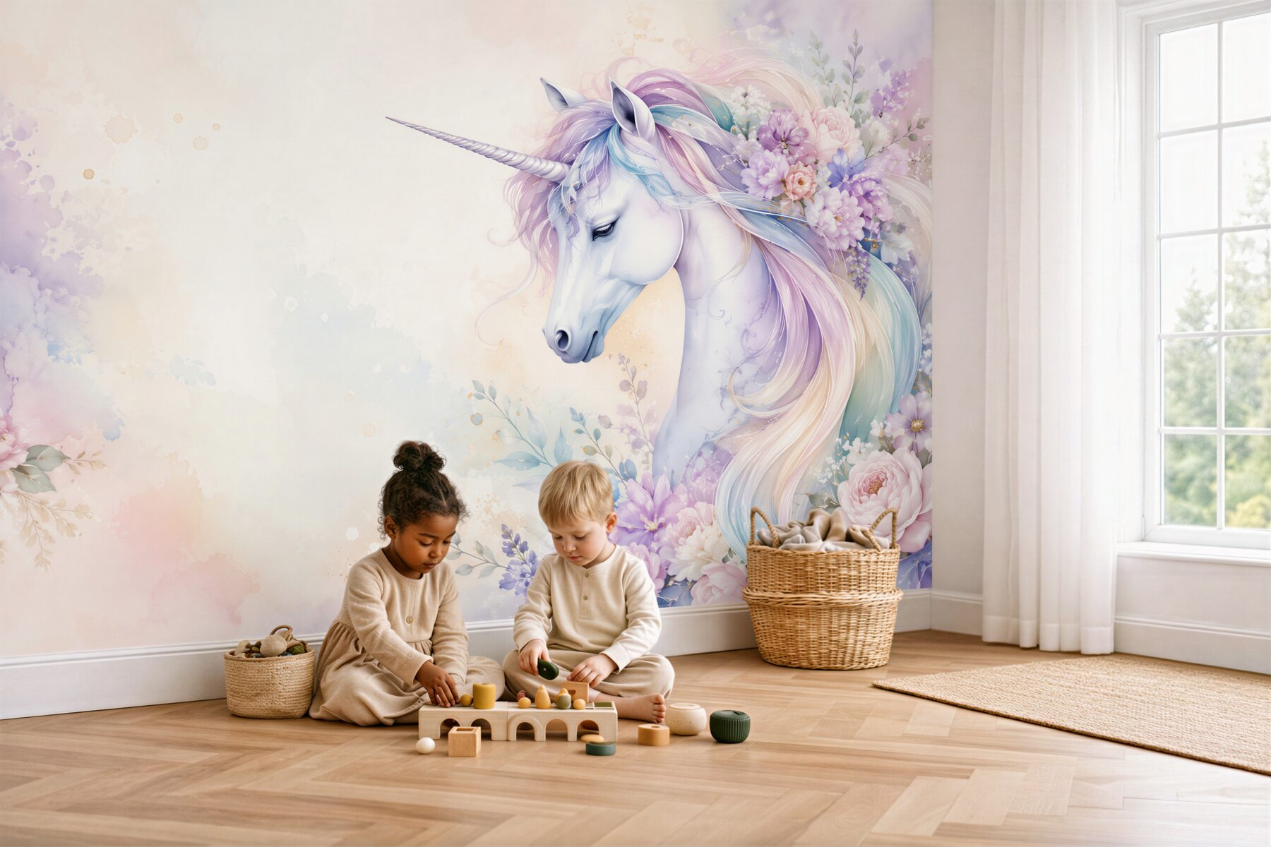 Papier peint Licorne aux couleurs multicolores