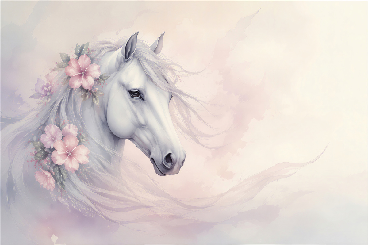 Papier peint Cheval blanc avec des fleurs roses