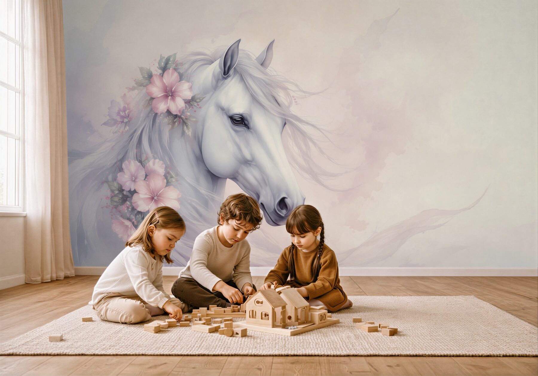 Papier peint Cheval blanc avec des fleurs roses