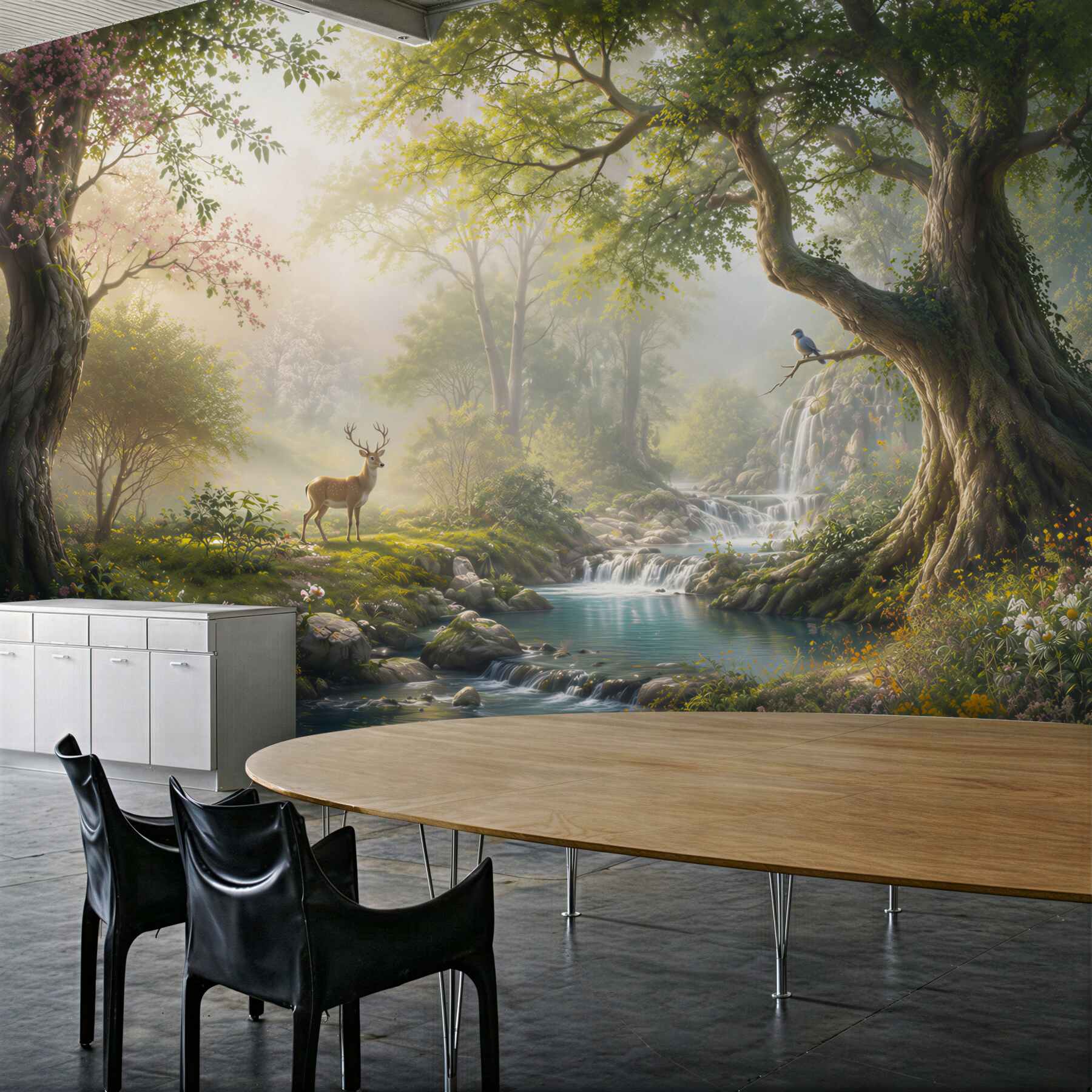 Papier peint forêt enchantée avec cascade et cerf
