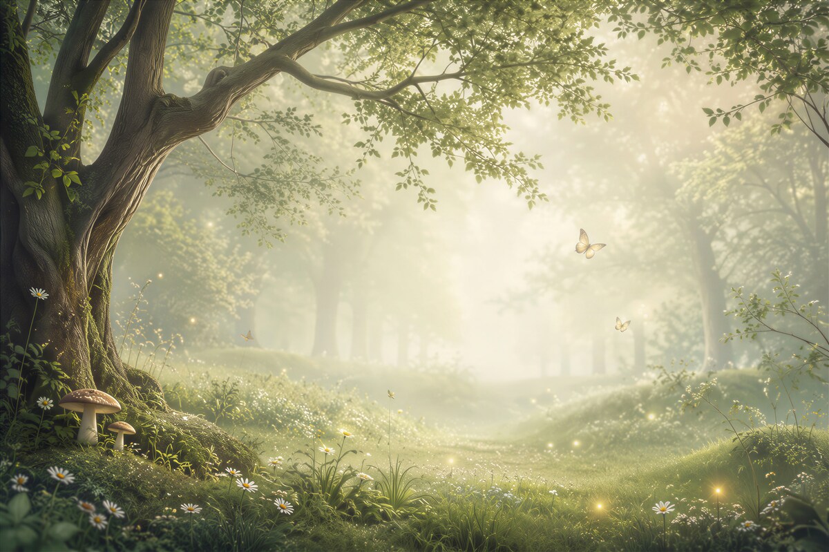 Papier peint forêt féerique avec des papillons et des marguerites dans une lumière chaude