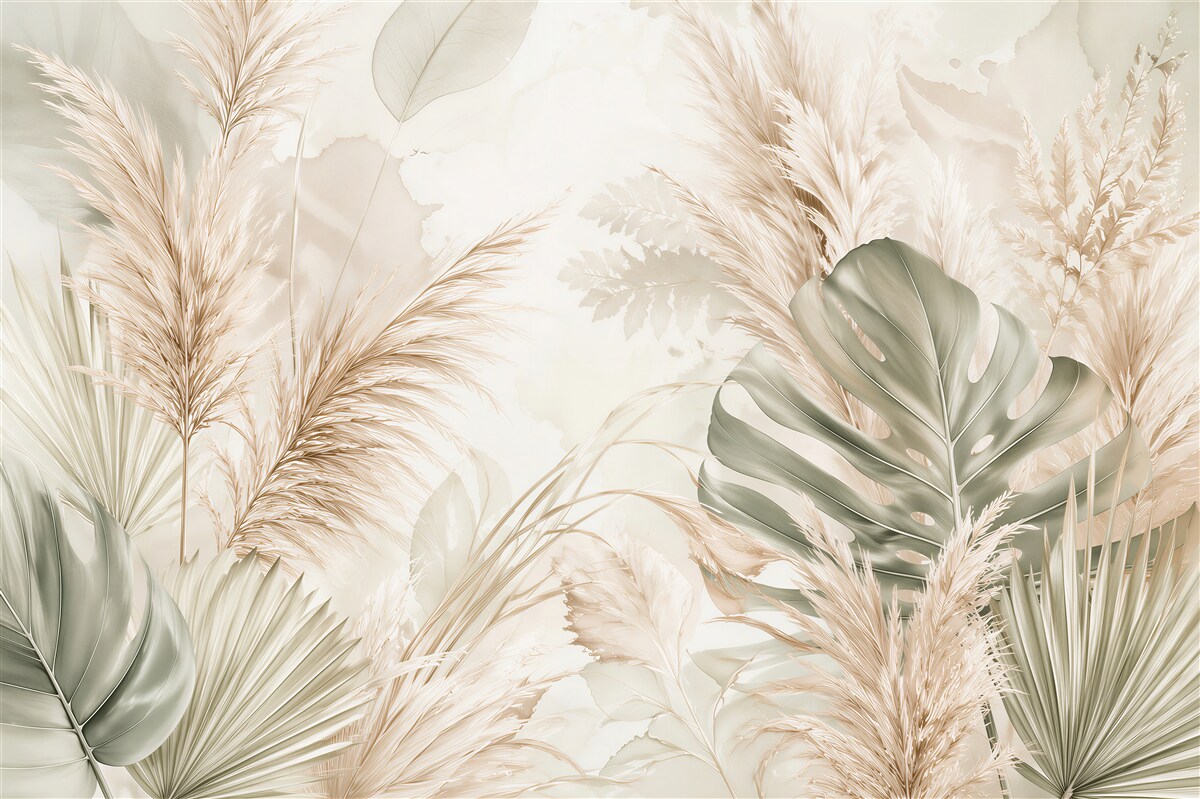 Papier peint feuilles beiges et pampas boho
