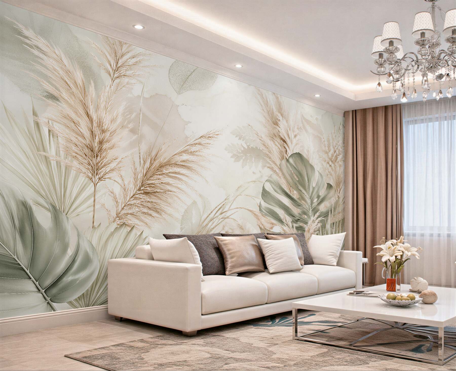 Papier peint feuilles beiges et pampas boho