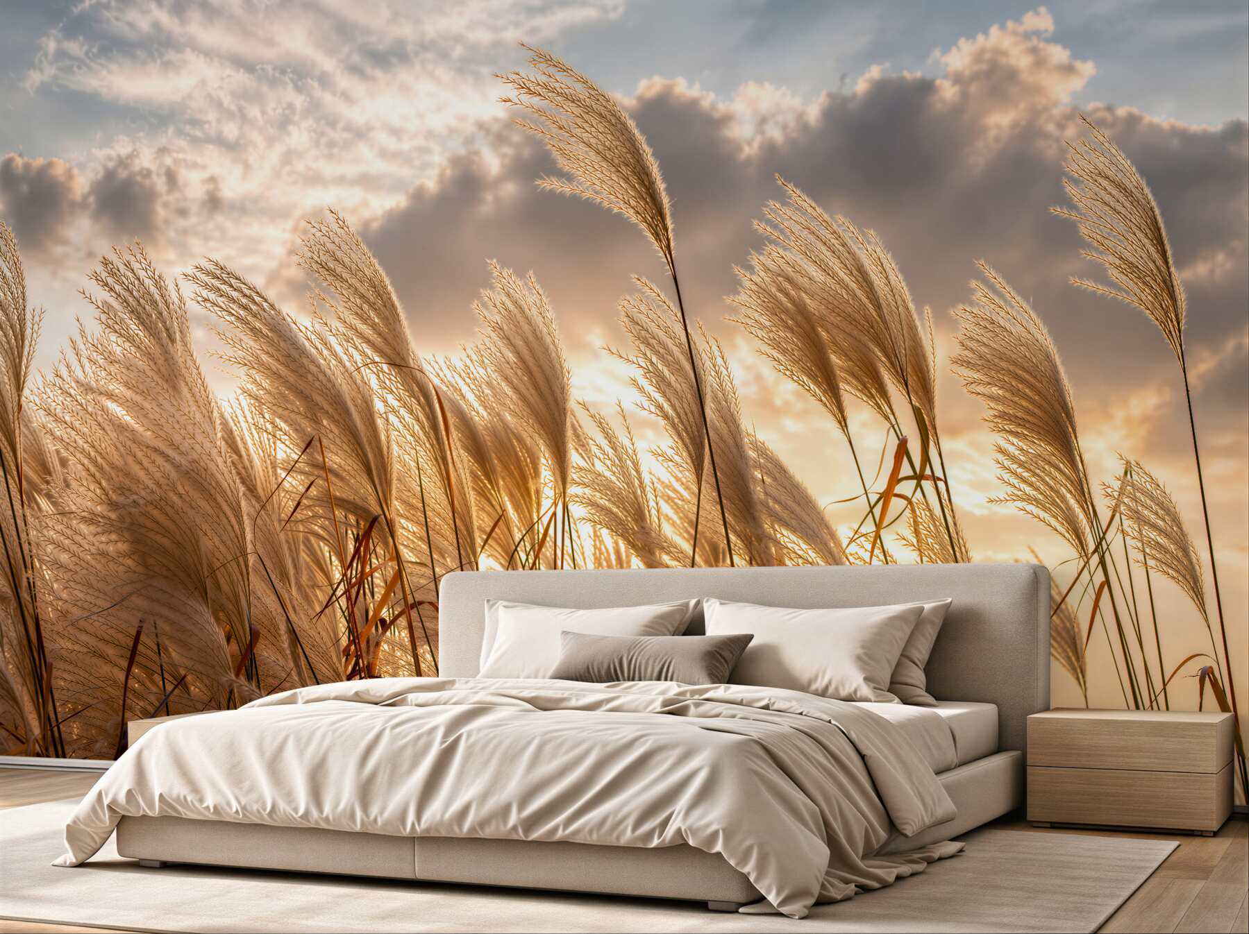 Papier peint herbes de pampas au coucher du soleil