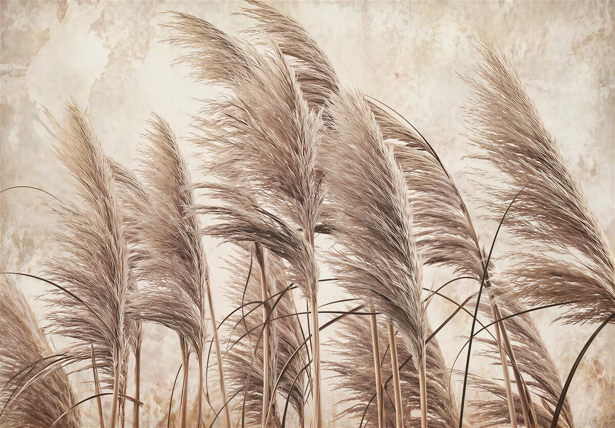 Papier peint herbes beiges en mouvement délicat