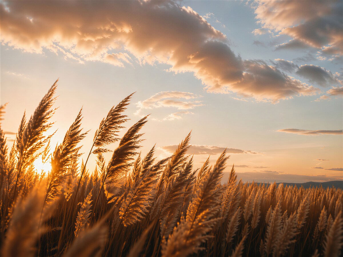 Papier peint herbes dorées dans l'éclat du coucher de soleil