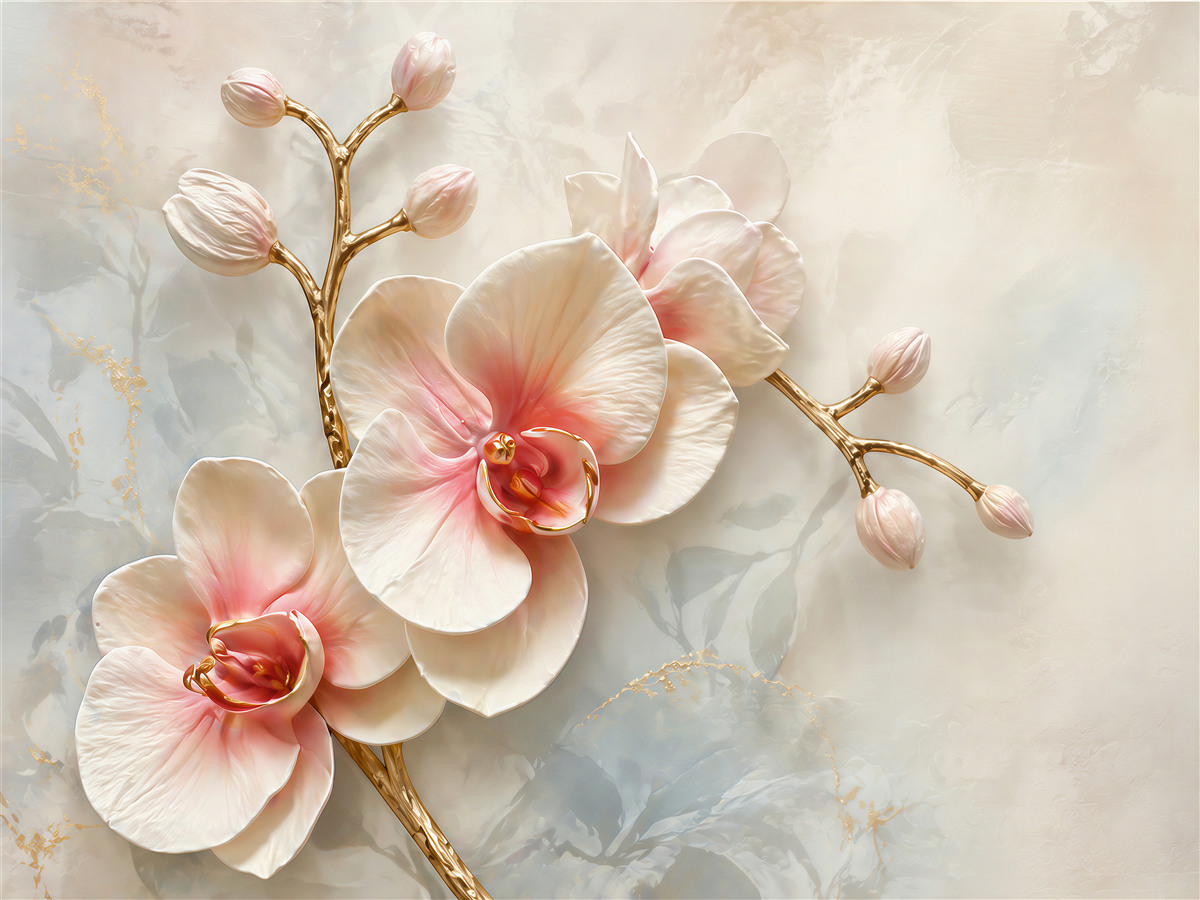 Papier peint orchidée poudrée avec des branches dorées