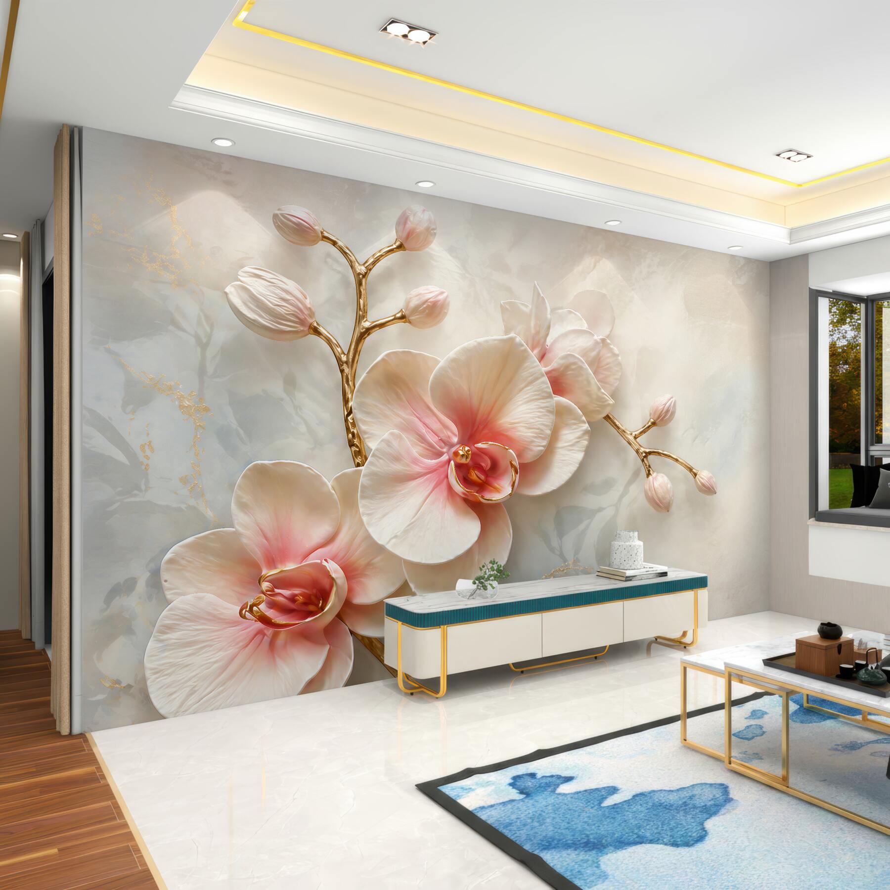 Papier peint orchidée poudrée avec des branches dorées