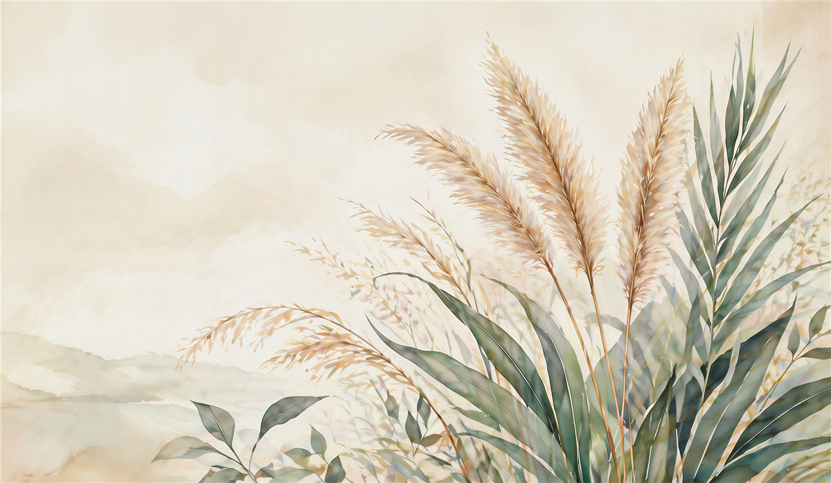 Papier peint pampas subtils et feuilles en harmonie