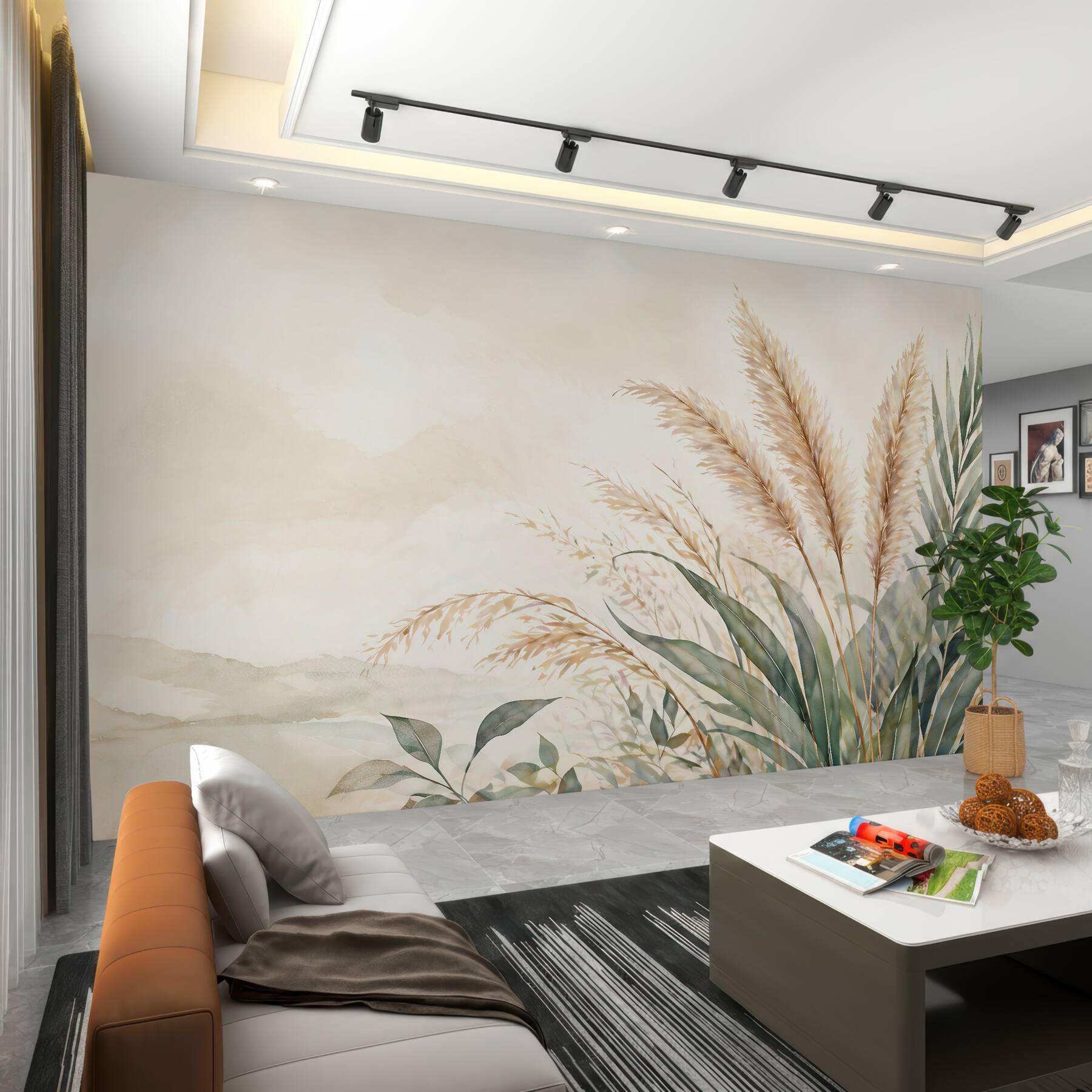 Papier peint pampas subtils et feuilles en harmonie