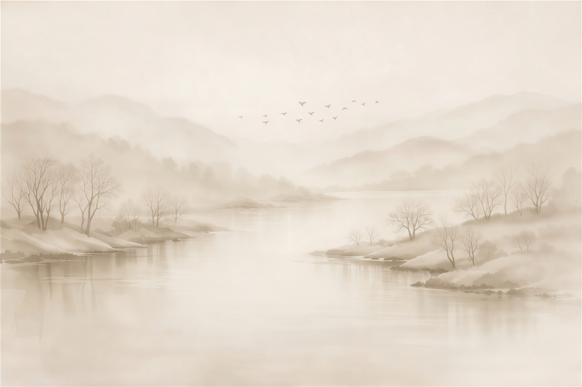 Papier peint paysage brumeux du lac avec des oiseaux